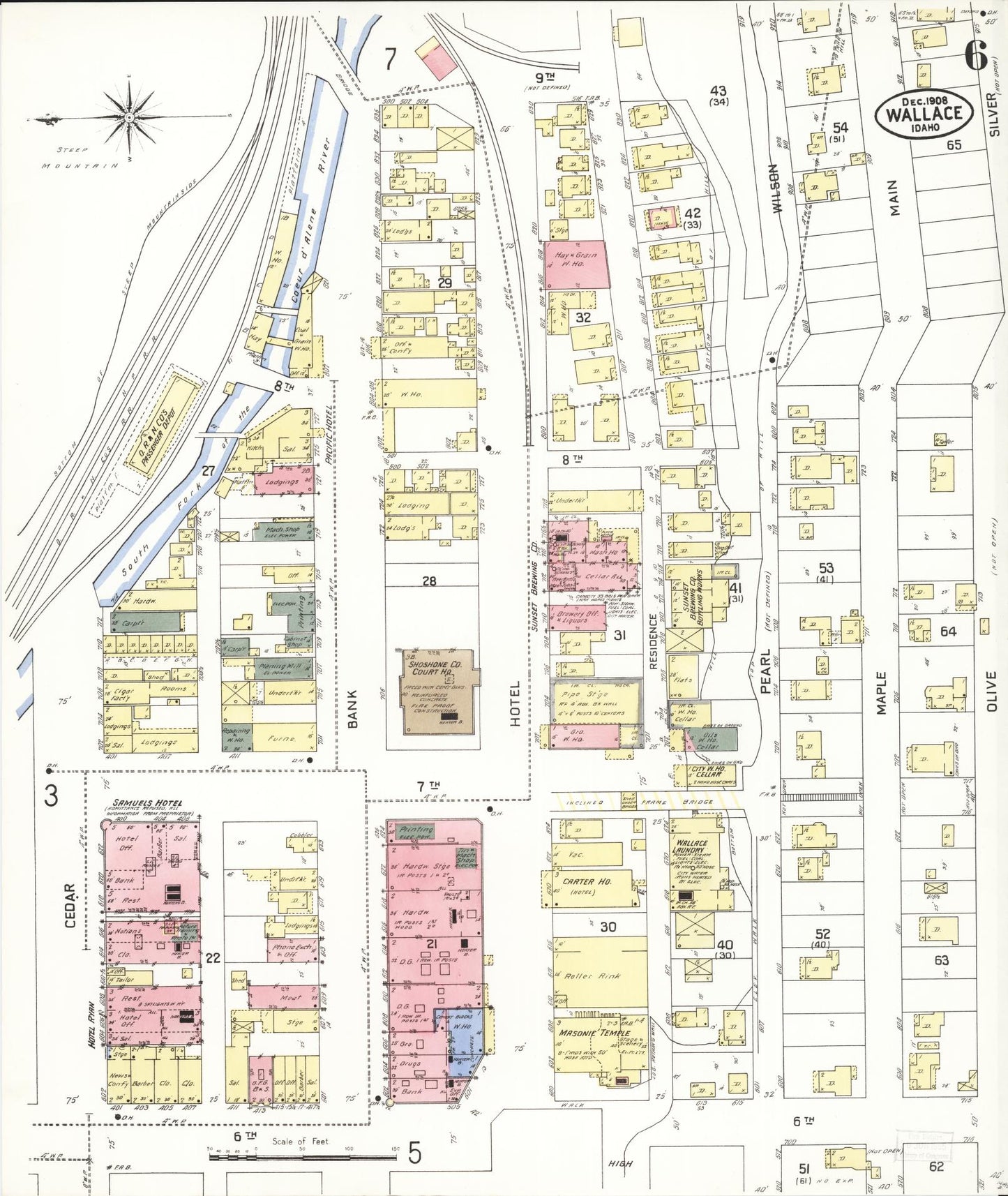 Sanborn Fire Insurance Map from Wallace, Shoshone County, Idaho (1908), Sheet #0006 - Historic Sanborn Fire Insurance Map Print, vintage old map wall art, antique decor, genealogy gift, Idaho Idaho map