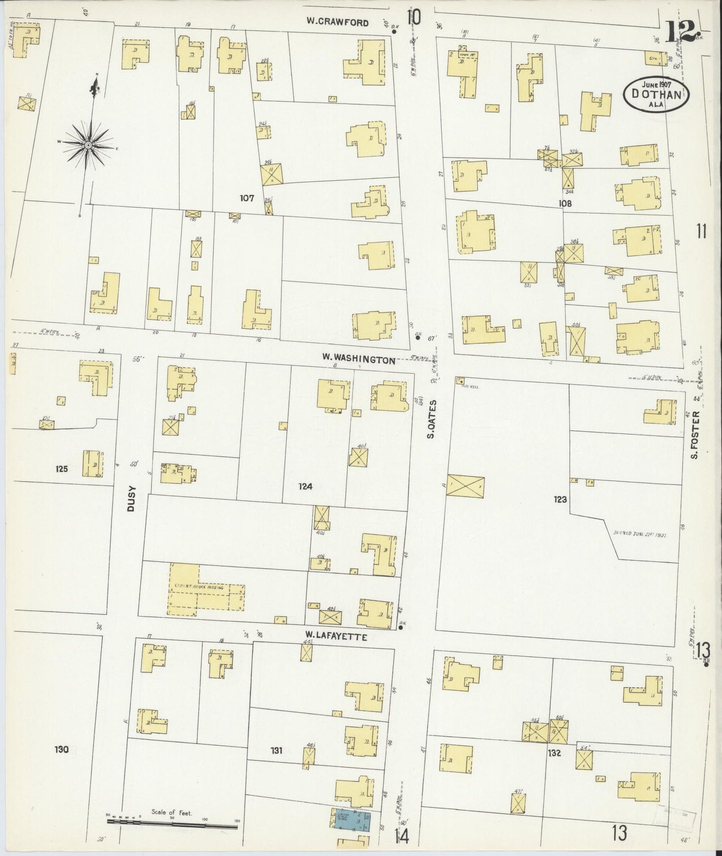 Sanborn Fire Insurance Map from Dothan, Houston County, Alabama (1907), Sheet #0012 - Historic Sanborn Fire Insurance Map Print, vintage old map wall art, antique decor, genealogy gift, Alabama Alabama map