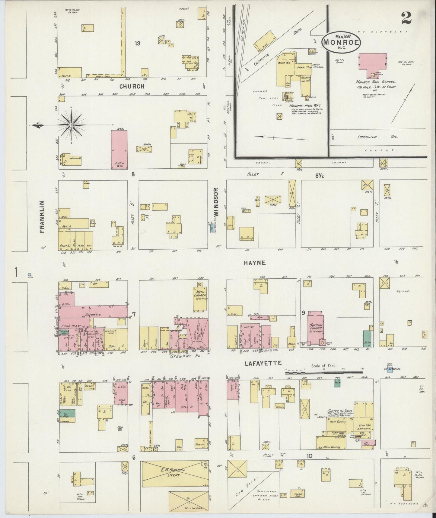 Sanborn Fire Insurance Map from Monroe, Union County, North Carolina (1897), Sheet #0002 - Historic Sanborn Fire Insurance Map Print, vintage old map wall art, antique decor, genealogy gift, North Carolina North Carolina map