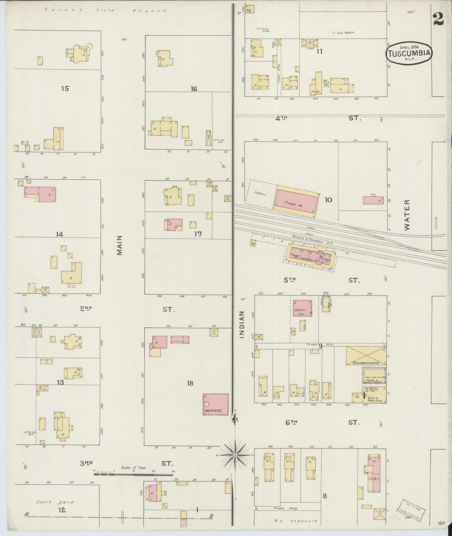 Sanborn Fire Insurance Map from Tuscumbia, Colbert County, Alabama (1894), Sheet #0002 - Historic Sanborn Fire Insurance Map Print, vintage old map wall art, antique decor, genealogy gift, Alabama Alabama map