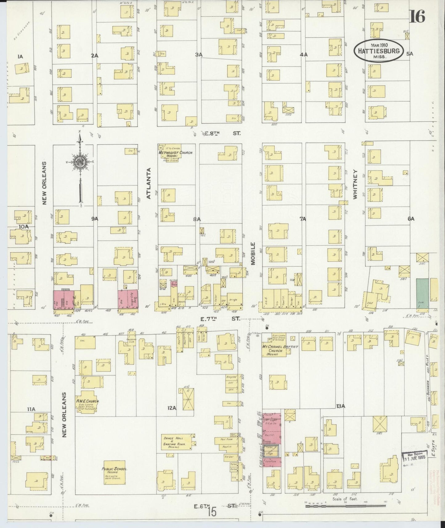 Sanborn Fire Insurance Map from Hattiesburg, Forrest County, Mississippi (1910), Sheet #0016 - Historic Sanborn Fire Insurance Map Print, vintage old map wall art, antique decor, genealogy gift, Mississippi Mississippi map