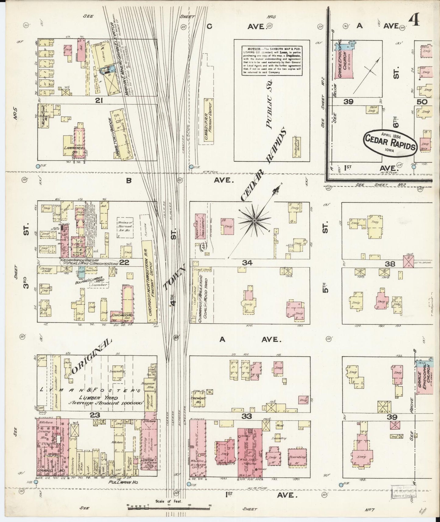Sanborn Fire Insurance Map from Cedar Rapids, Linn County, Iowa (1884), Sheet #0004 - Historic Sanborn Fire Insurance Map Print, vintage old map wall art