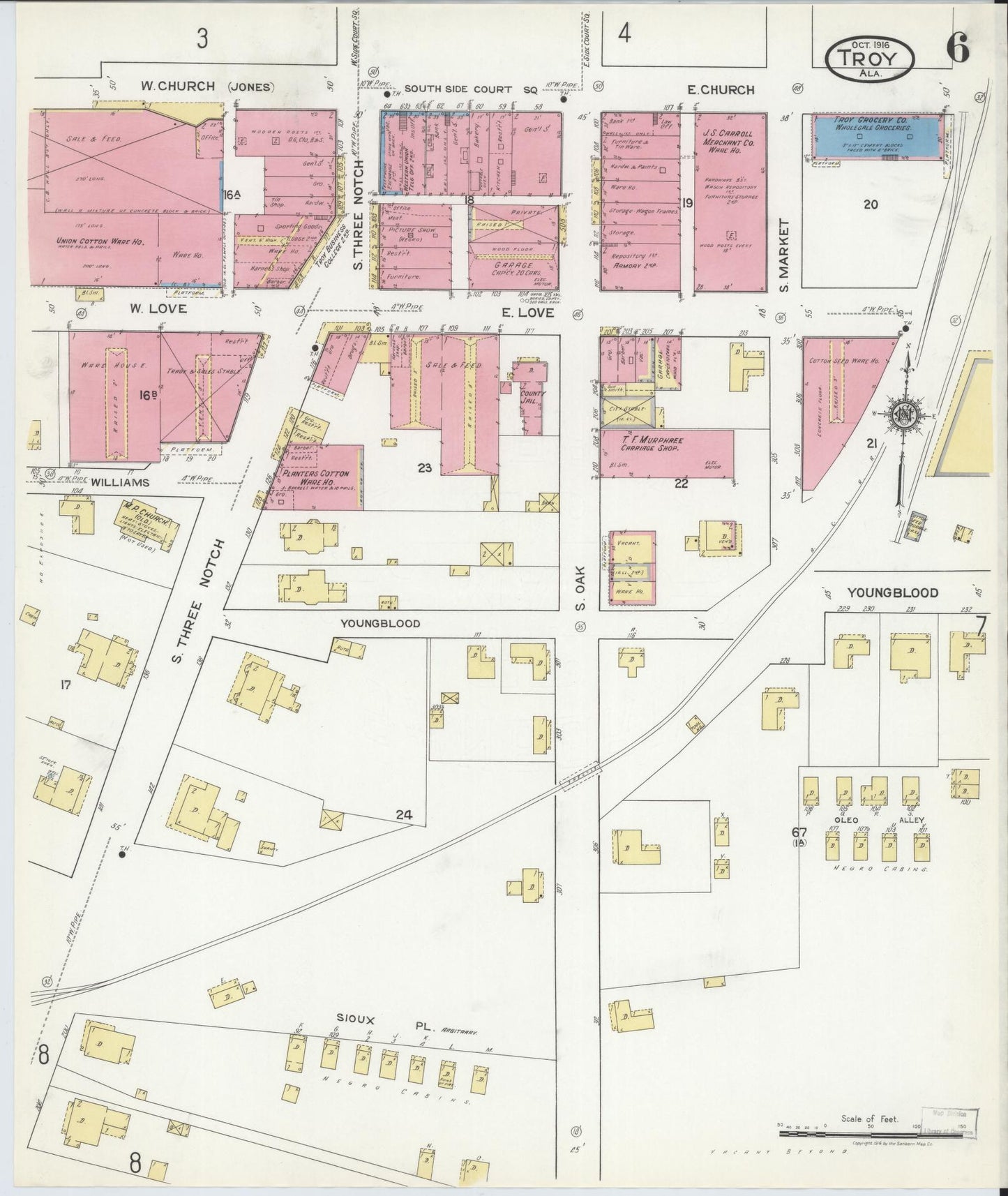 Sanborn Fire Insurance Map from Troy, Pike County, Alabama (1916), Sheet #0006 - Historic Sanborn Fire Insurance Map Print, vintage old map wall art, antique decor, genealogy gift, Alabama Alabama map