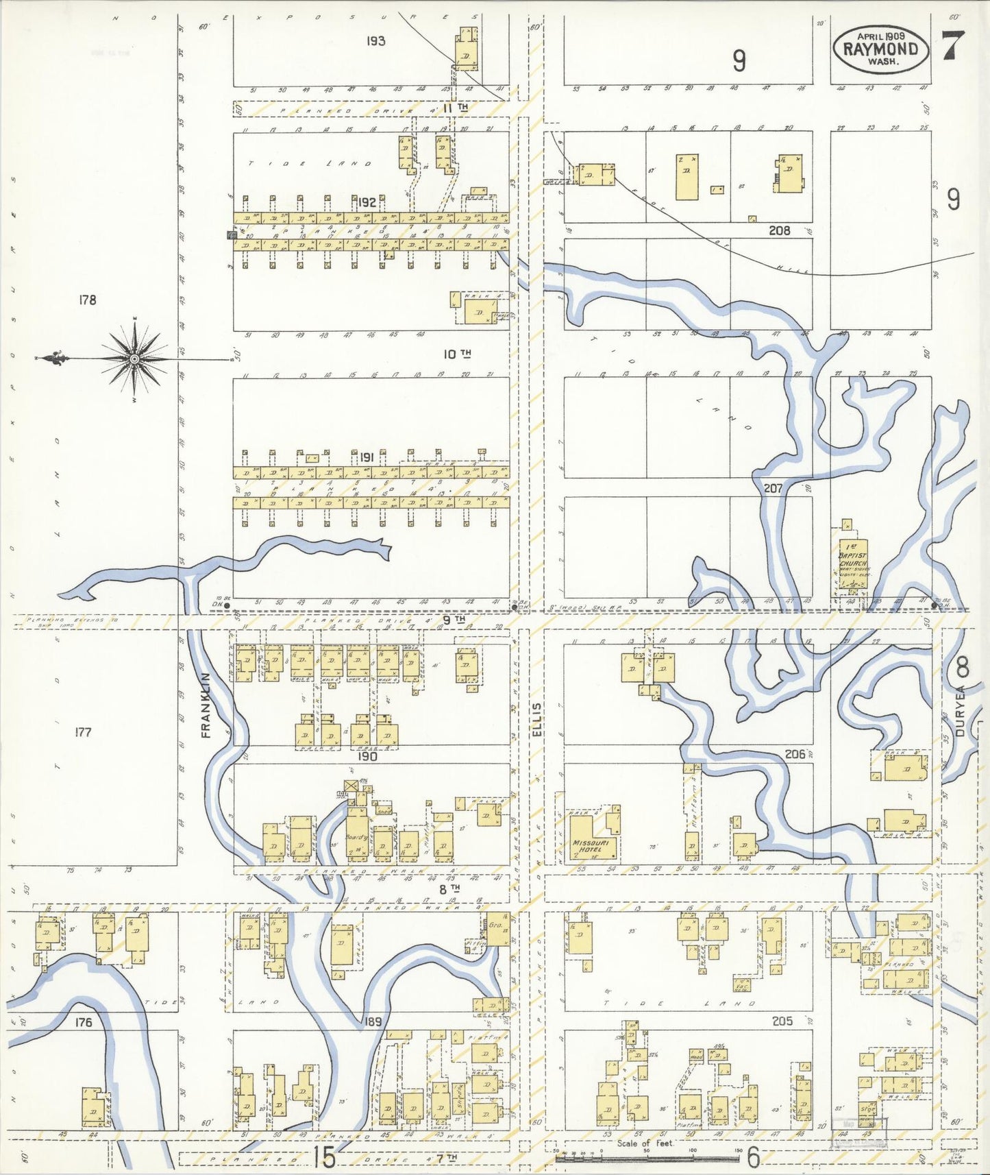 Sanborn Fire Insurance Map from Raymond, Pacific County, Washington (1909), Sheet #0007 - Historic Sanborn Fire Insurance Map Print, vintage old map wall art, antique decor, genealogy gift, Washington Washington map