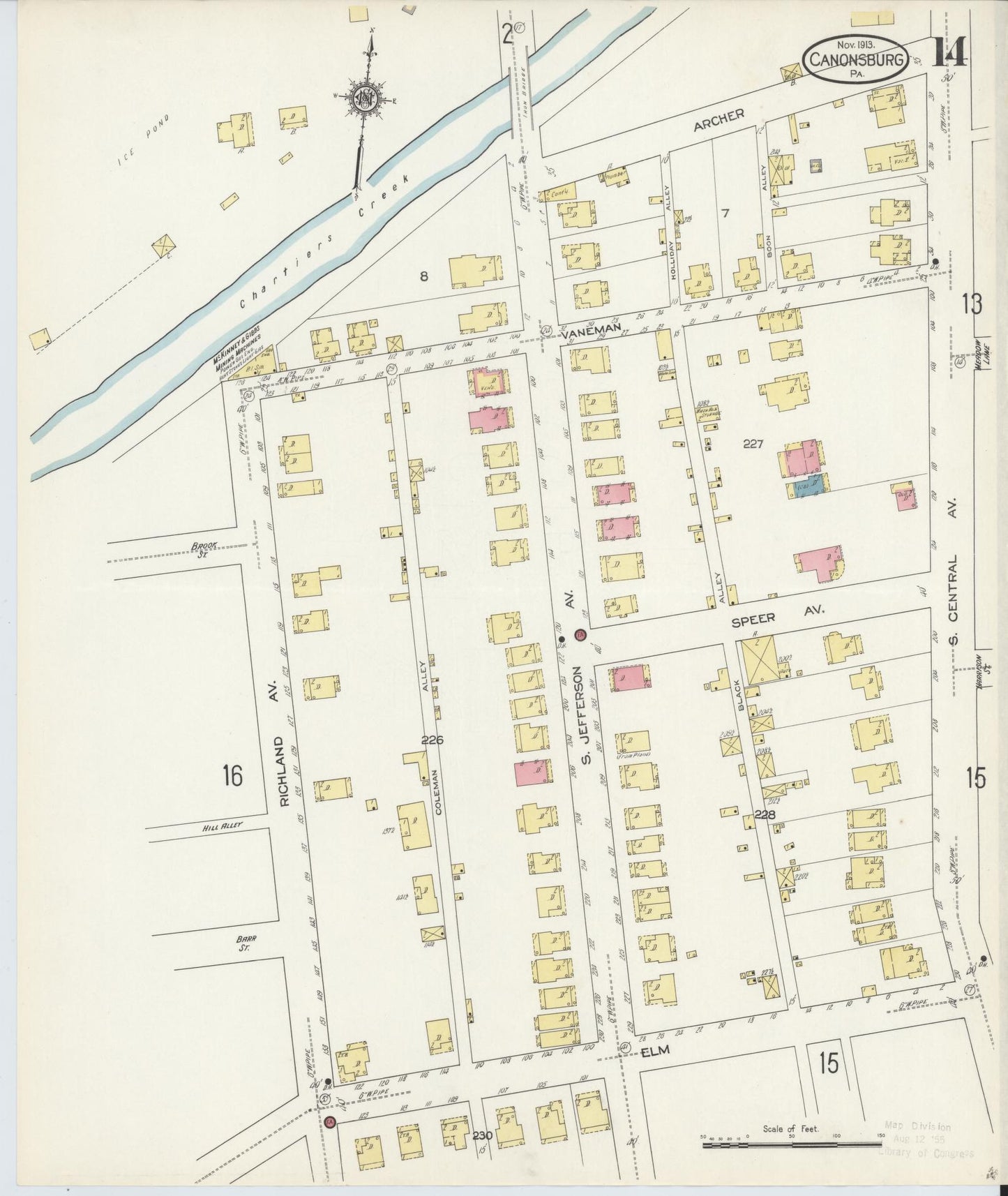 Sanborn Fire Insurance Map from Canonsburg, Washington County, Pennsylvania (1913), Sheet #0014 - Historic Sanborn Fire Insurance Map Print, vintage old map wall art, antique decor, genealogy gift, Pennsylvania Pennsylvania map