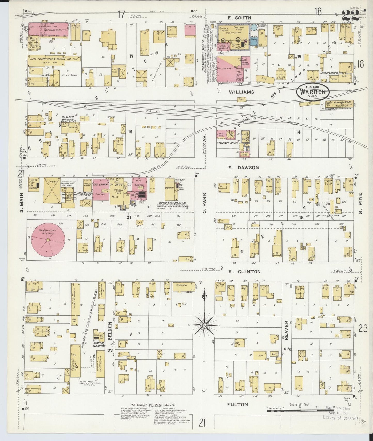 Sanborn Fire Insurance Map from Warren, Trumbull County, Ohio (1908), Sheet #0022 - Historic Sanborn Fire Insurance Map Print, vintage old map wall art, antique decor, genealogy gift, Ohio Ohio map