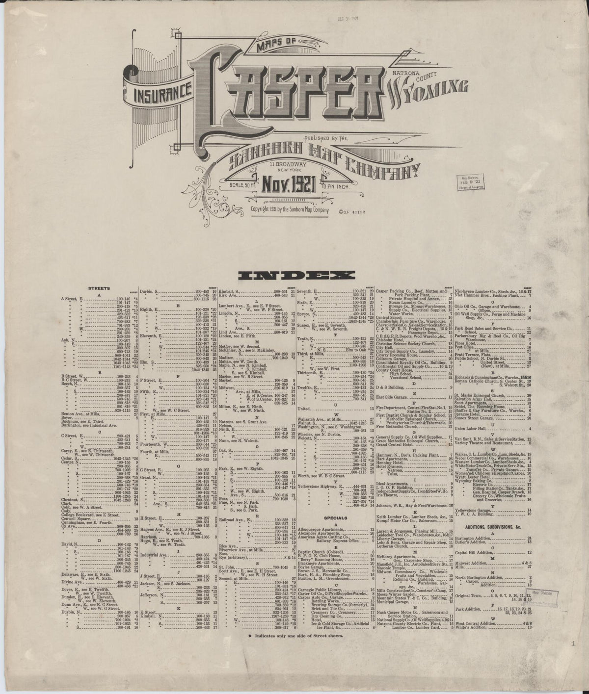 Sanborn Fire Insurance Map from Casper, Natrona County, Wyoming (1921), Sheet #0001 - Historic Sanborn Fire Insurance Map Print, vintage old map wall art, antique decor, genealogy gift, Wyoming Wyoming map