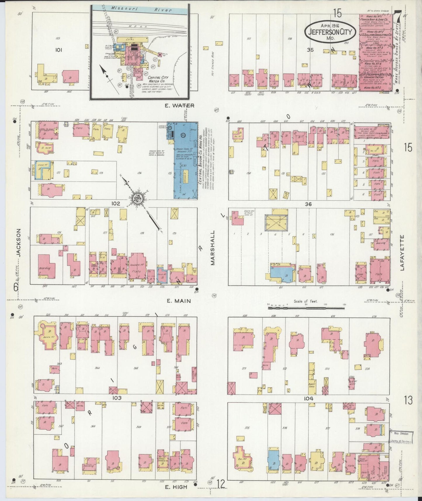 Sanborn Fire Insurance Map from Jefferson City, Cole County, Missouri (1916), Sheet #0007 - Historic Sanborn Fire Insurance Map Print, vintage old map wall art, antique decor, genealogy gift, Missouri Missouri map
