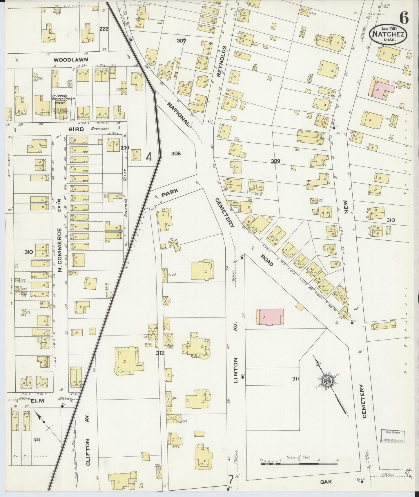 Sanborn Fire Insurance Map from Natchez, Adams County, Mississippi (1910), Sheet #0006 - Historic Sanborn Fire Insurance Map Print, vintage old map wall art, antique decor, genealogy gift, Mississippi Mississippi map