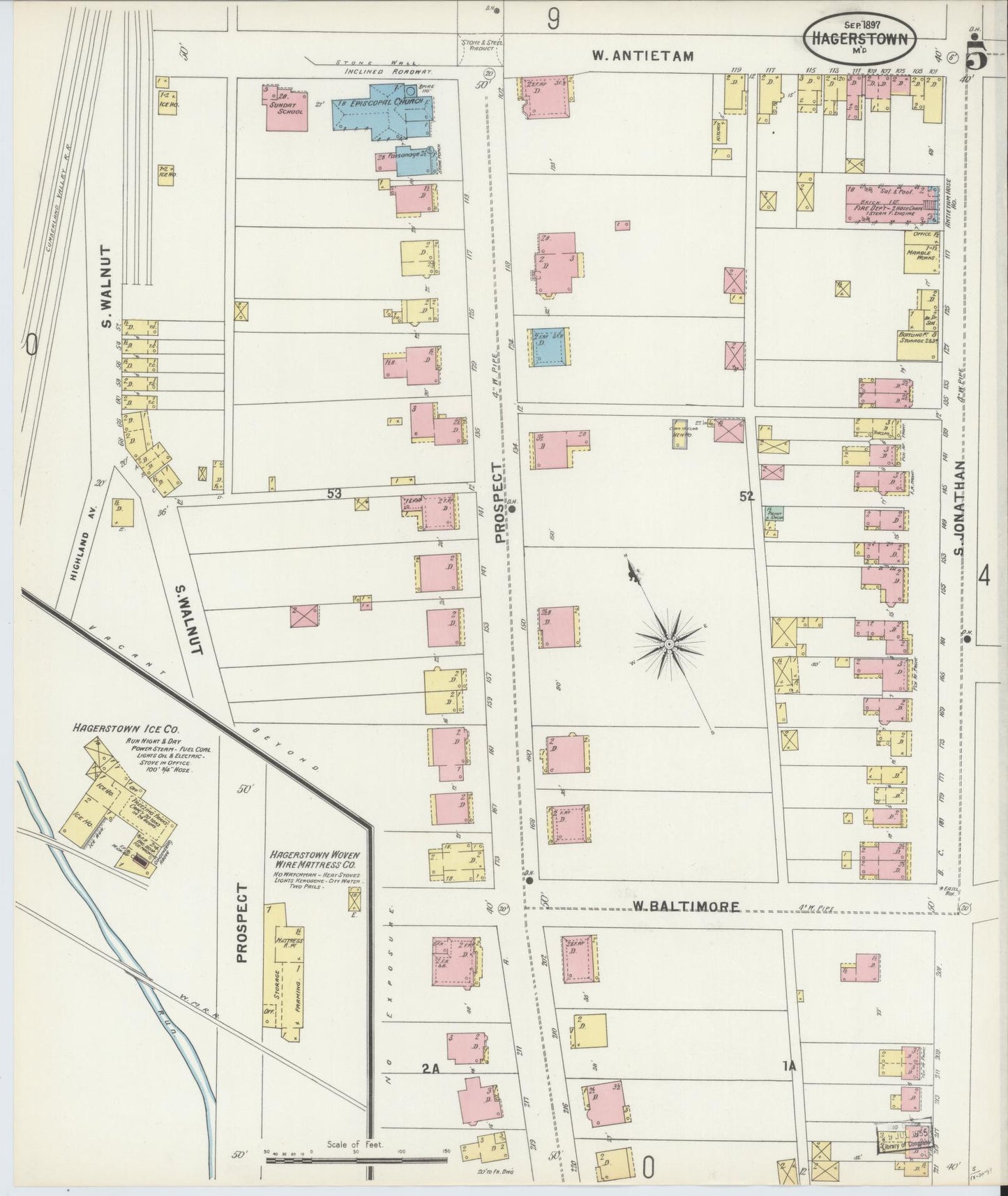 Washington, Maryland - 1897 - Sanborn Fire Insurance Map, Sheet #0005 - Historic Sanborn Fire Insurance Map Print, Washington Maryland 1897 0005 vintage old map wall art