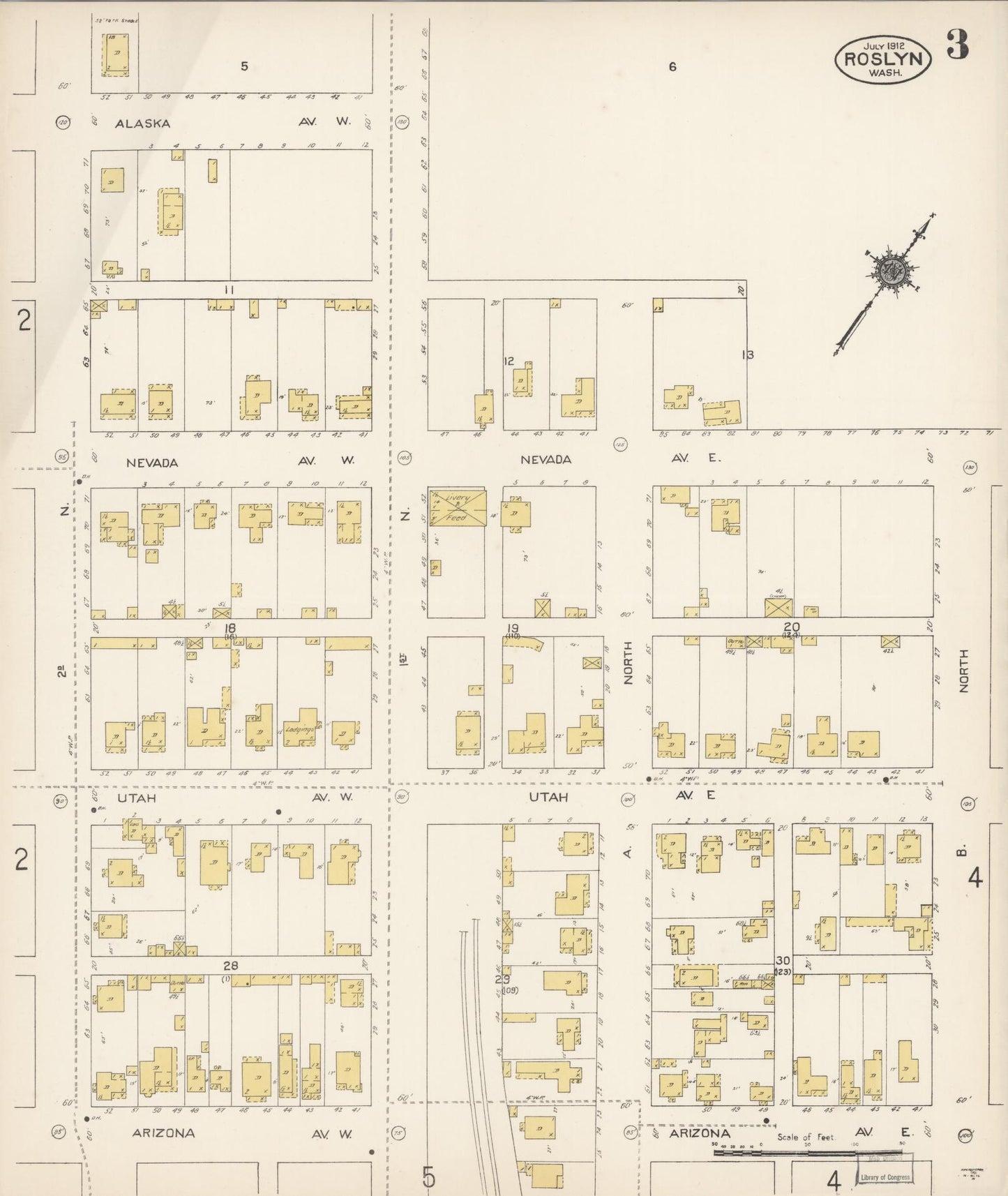 Sanborn Fire Insurance Map from Roslyn, Kittitas County, Washington (1912), Sheet #0003 - Historic Sanborn Fire Insurance Map Print, vintage old map wall art, antique decor, genealogy gift, Washington Washington map
