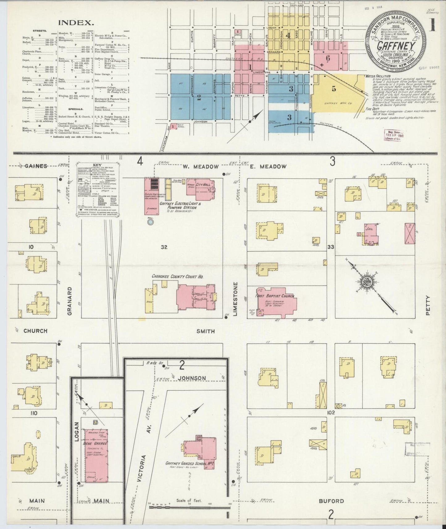 Sanborn Fire Insurance Map from Gaffney, Cherokee County, South Carolina (1910), Sheet #0001 - Historic Sanborn Fire Insurance Map Print, vintage old map wall art, antique decor, genealogy gift, South Carolina South Carolina map