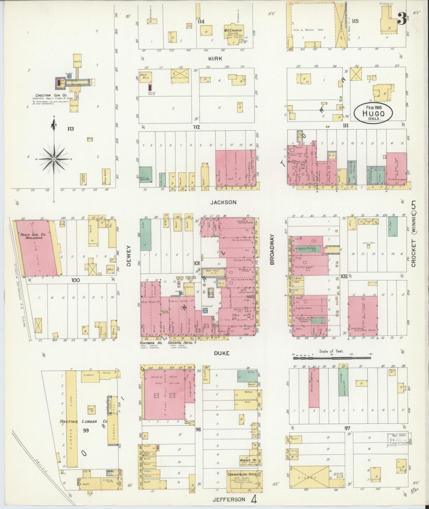 Sanborn Fire Insurance Map from Hugo, Choctaw County, Oklahoma (1908), Sheet #0003 - Historic Sanborn Fire Insurance Map Print, vintage old map wall art, antique decor, genealogy gift, Oklahoma Oklahoma map