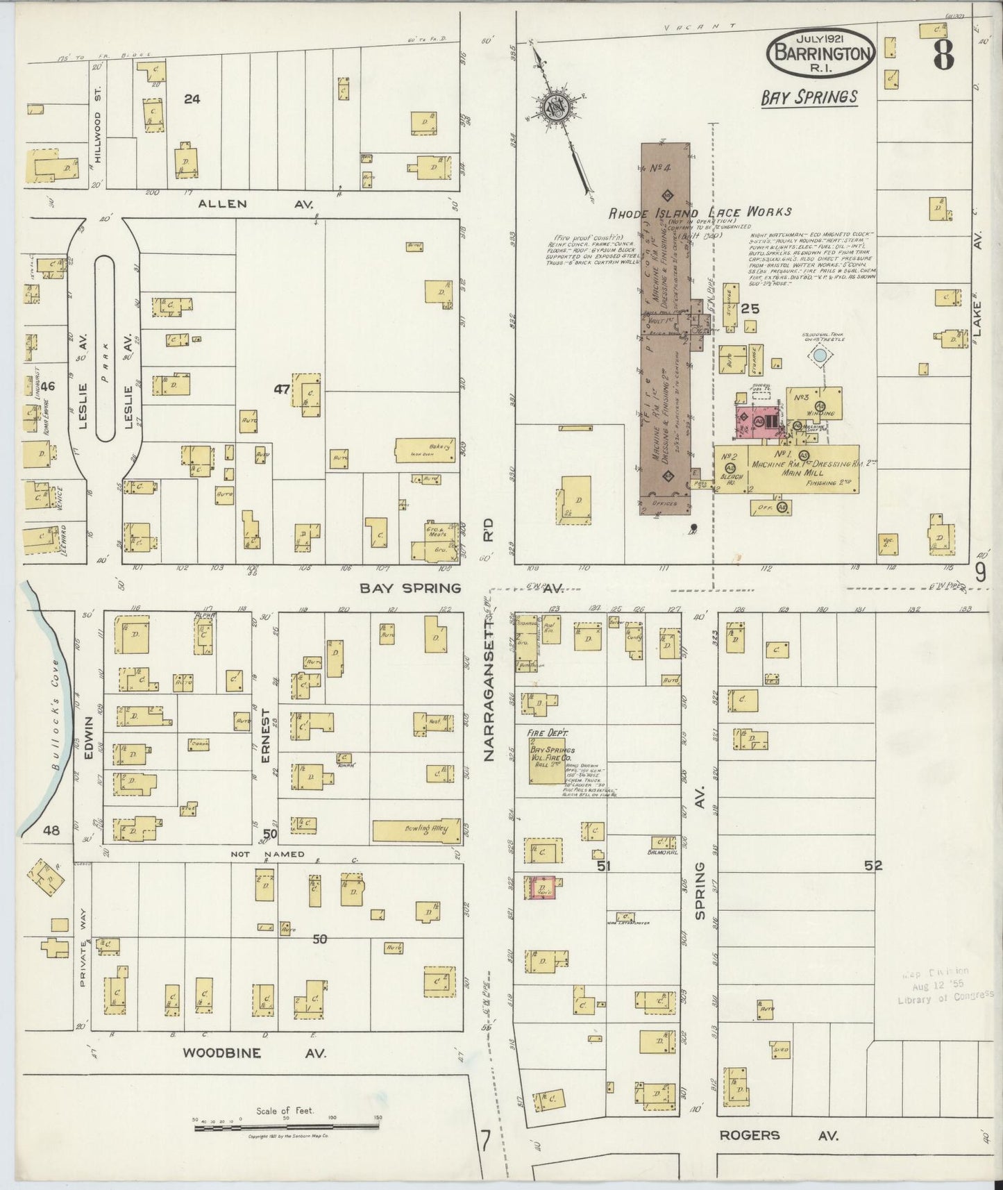 Sanborn Fire Insurance Map from Barrington, Bristol County, Rhode Island (1921), Sheet #0008 - Historic Sanborn Fire Insurance Map Print, vintage old map wall art, antique decor, genealogy gift, Rhode Island Rhode Island map