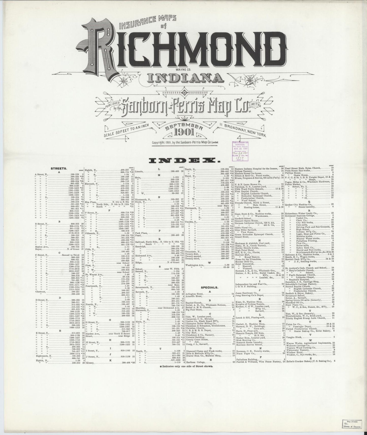 Sanborn Fire Insurance Map from Richmond, Wayne County, Indiana (1901), Sheet #0001 - Historic Sanborn Fire Insurance Map Print, vintage old map wall art, antique decor, genealogy gift, Indiana Indiana map