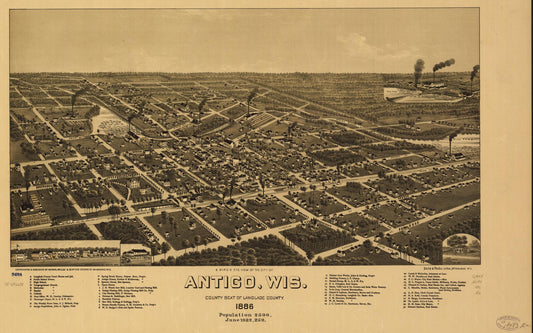 A bird's eye view of the city of Antigo, Wis. county seat of Langlade County 1886. (1886) – Historic Bird’s-Eye View Panorama Print