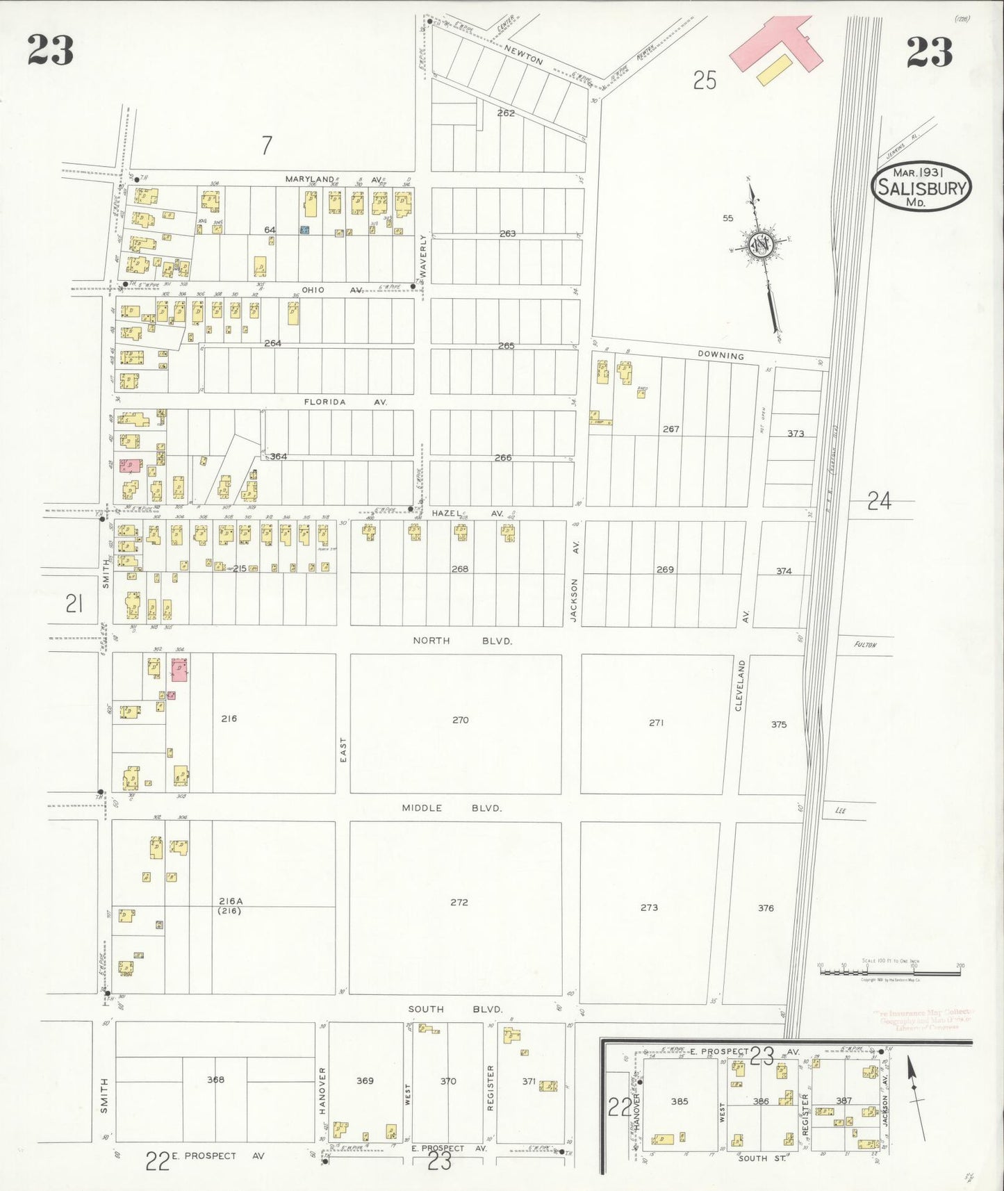 Sanborn Fire Insurance Map from Salisbury, Wicomico County, Maryland (1931), Sheet #0023 - Historic Sanborn Fire Insurance Map Print, vintage old map wall art