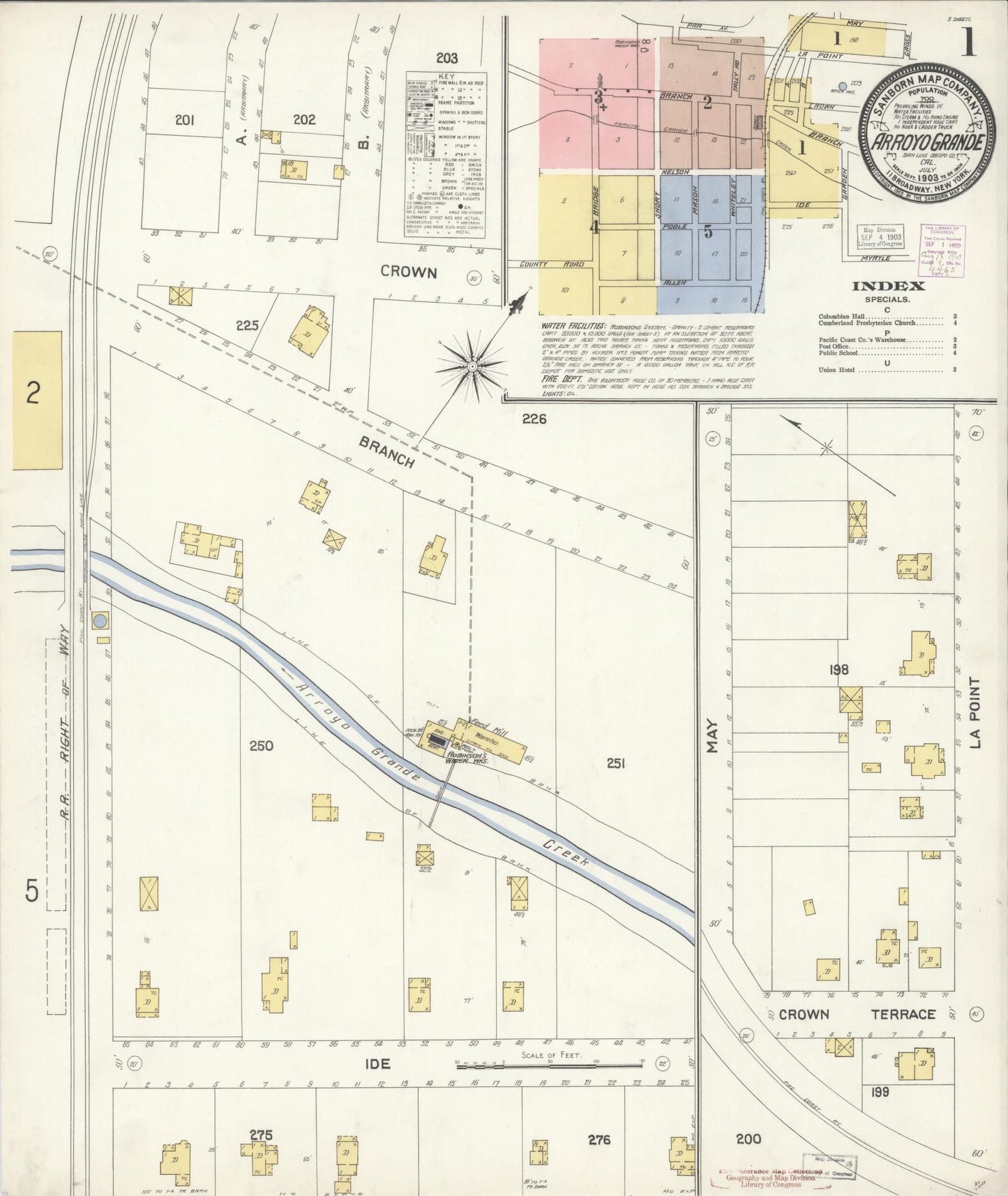 Sanborn Fire Insurance Map from Arroyo Grande, San Luis Obispo County, California (1903), Sheet #0001 - Historic Sanborn Fire Insurance Map Print, vintage old map wall art, antique decor, genealogy gift, California California map
