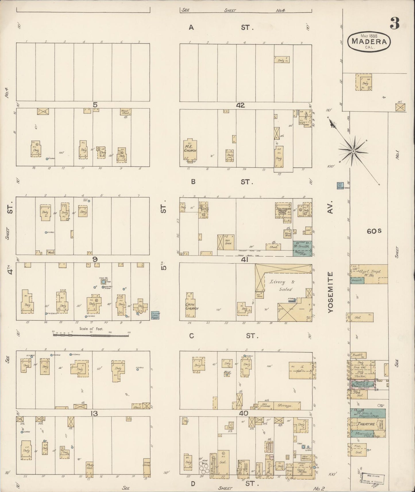 Sanborn Fire Insurance Map from Madera, Madera County, California (1888), Sheet #0003 - Historic Sanborn Fire Insurance Map Print, vintage old map wall art, antique decor, genealogy gift, California California map