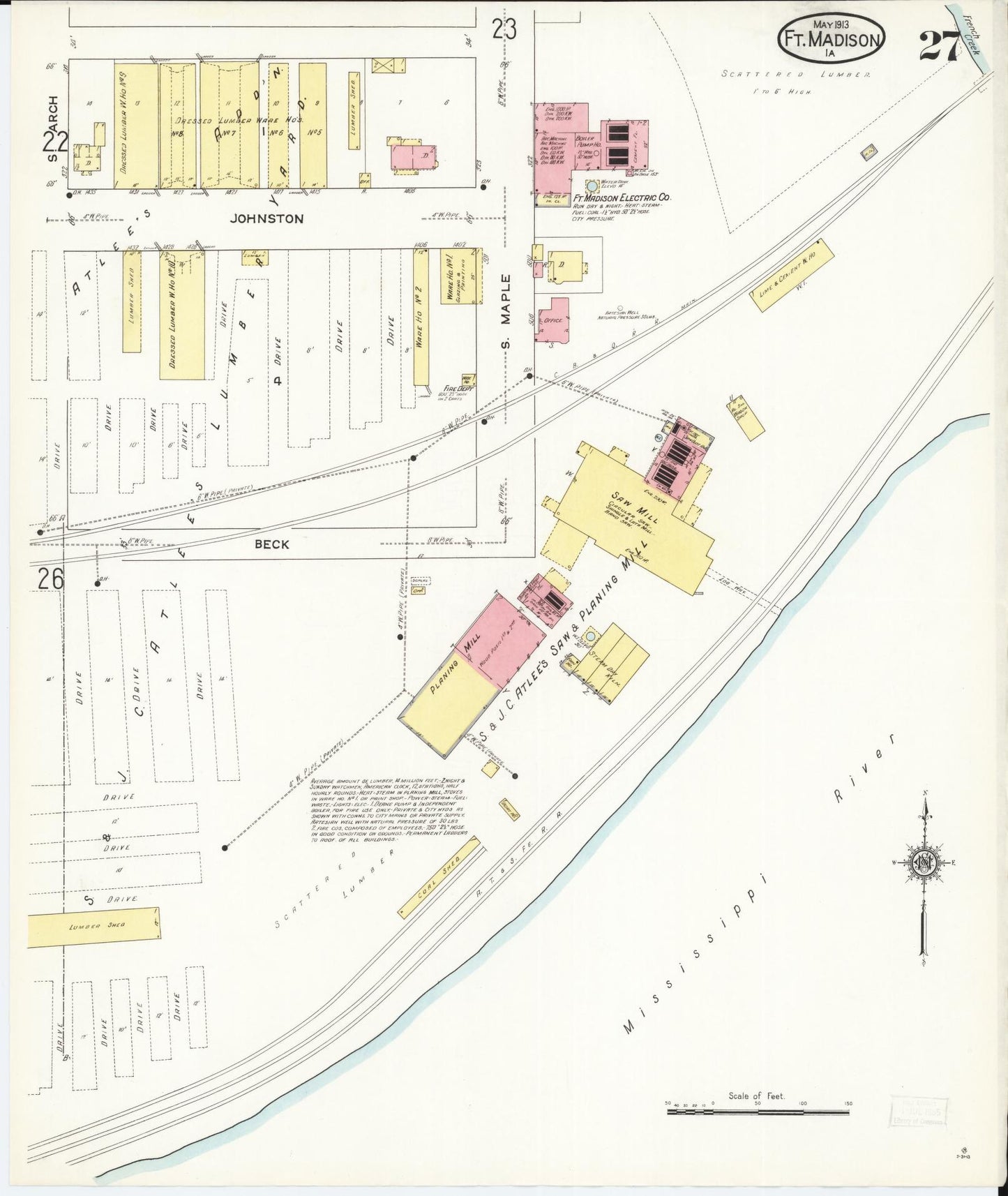 Sanborn Fire Insurance Map from Fort Madison, Lee County, Iowa (1913), Sheet #0027 - Historic Sanborn Fire Insurance Map Print, vintage old map wall art