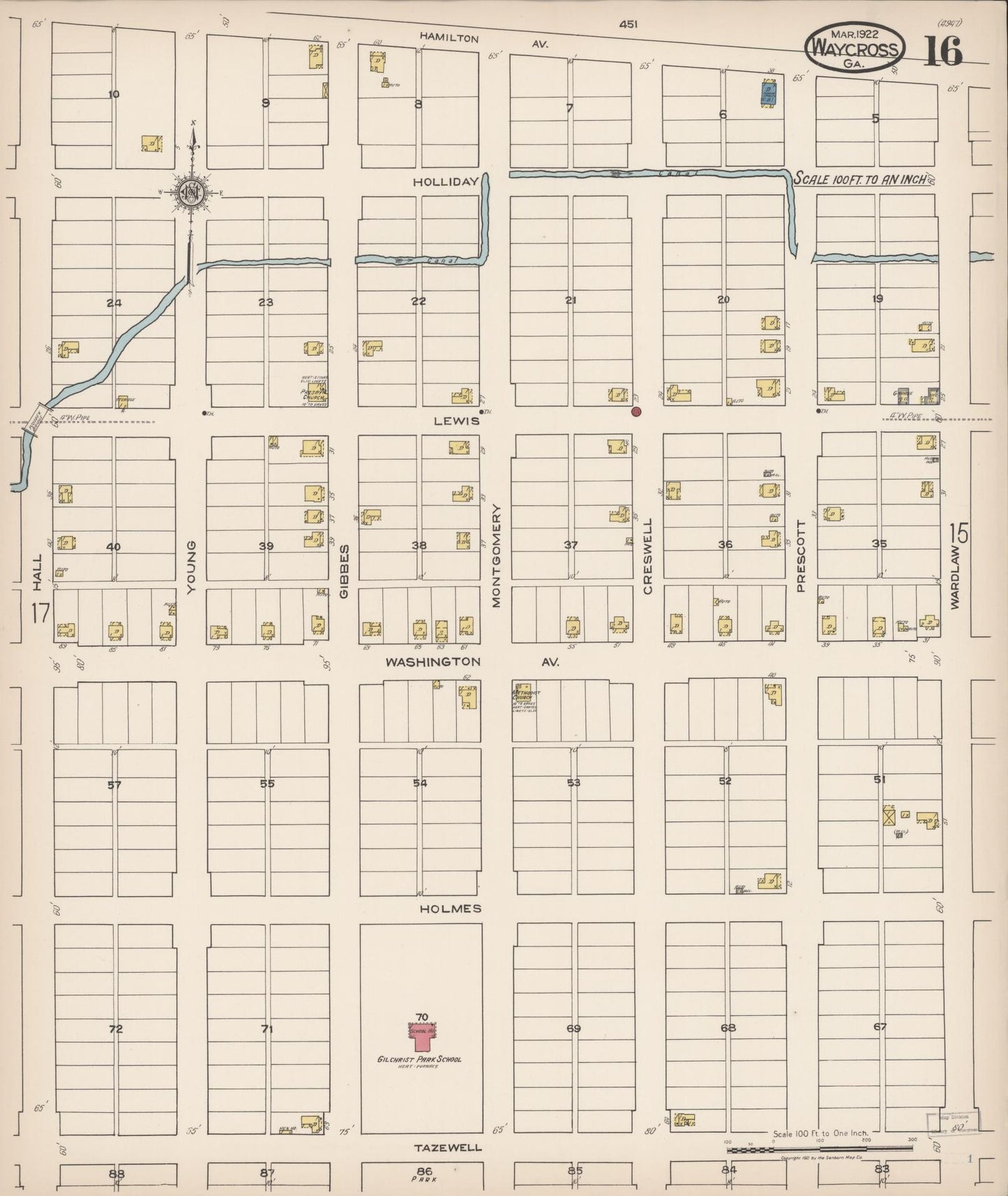 Sanborn Fire Insurance Map from Waycross, Ware County, Georgia (1922), Sheet #0016 - Historic Sanborn Fire Insurance Map Print, vintage old map wall art, antique decor, genealogy gift, Georgia Georgia map