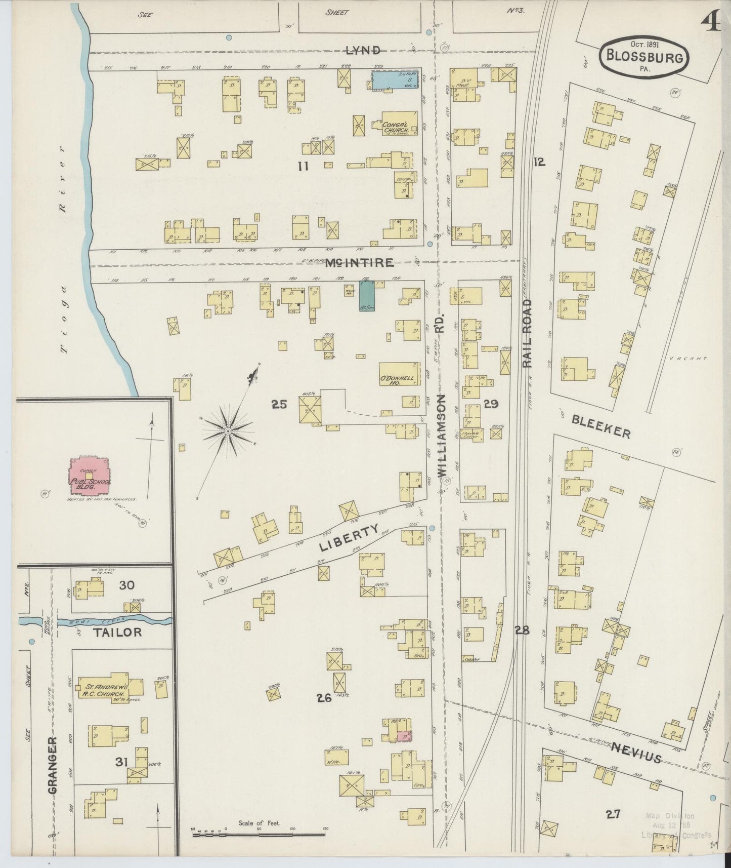Sanborn Fire Insurance Map from Blossburg, Tioga County, Pennsylvania (1891), Sheet #0004 - Historic Sanborn Fire Insurance Map Print, vintage old map wall art, antique decor, genealogy gift, Pennsylvania Pennsylvania map