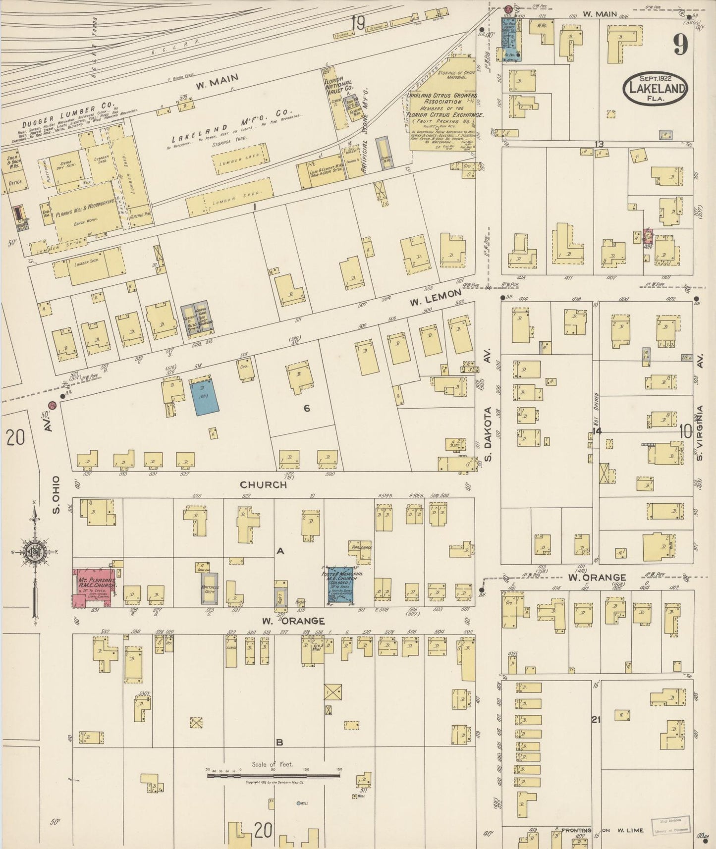 Sanborn Fire Insurance Map from Lakeland, Polk County, Florida (1922), Sheet #0009 - Historic Sanborn Fire Insurance Map Print, vintage old map wall art, antique decor, genealogy gift, Florida Florida map