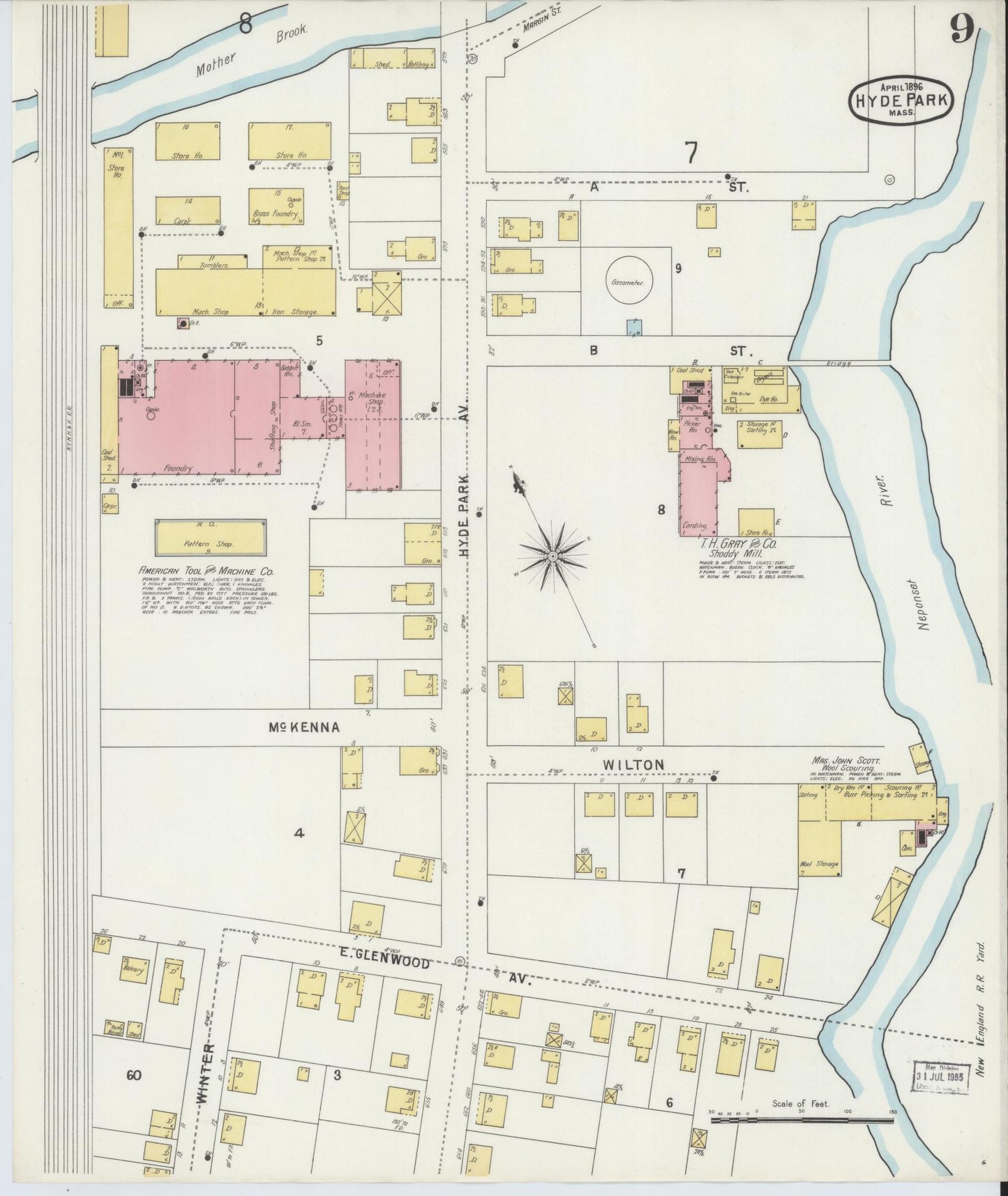 Sanborn Fire Insurance Map from Hyde Park, Norfolk County, Massachusetts (1896), Sheet #0009 - Historic Sanborn Fire Insurance Map Print, vintage old map wall art, antique decor, genealogy gift, Massachusetts Massachusetts map