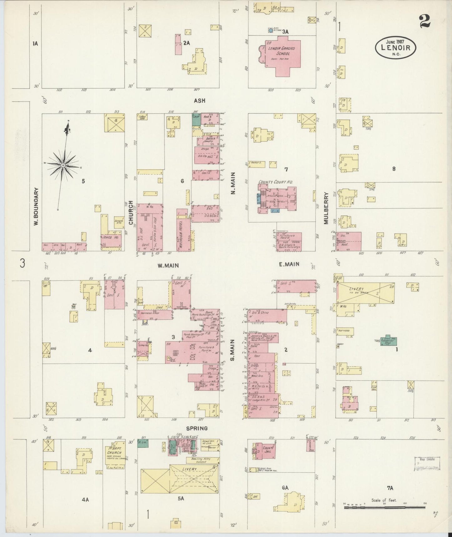 Sanborn Fire Insurance Map from Lenoir, Caldwell County, North Carolina (1907), Sheet #0002 - Historic Sanborn Fire Insurance Map Print, vintage old map wall art, antique decor, genealogy gift, North Carolina North Carolina map