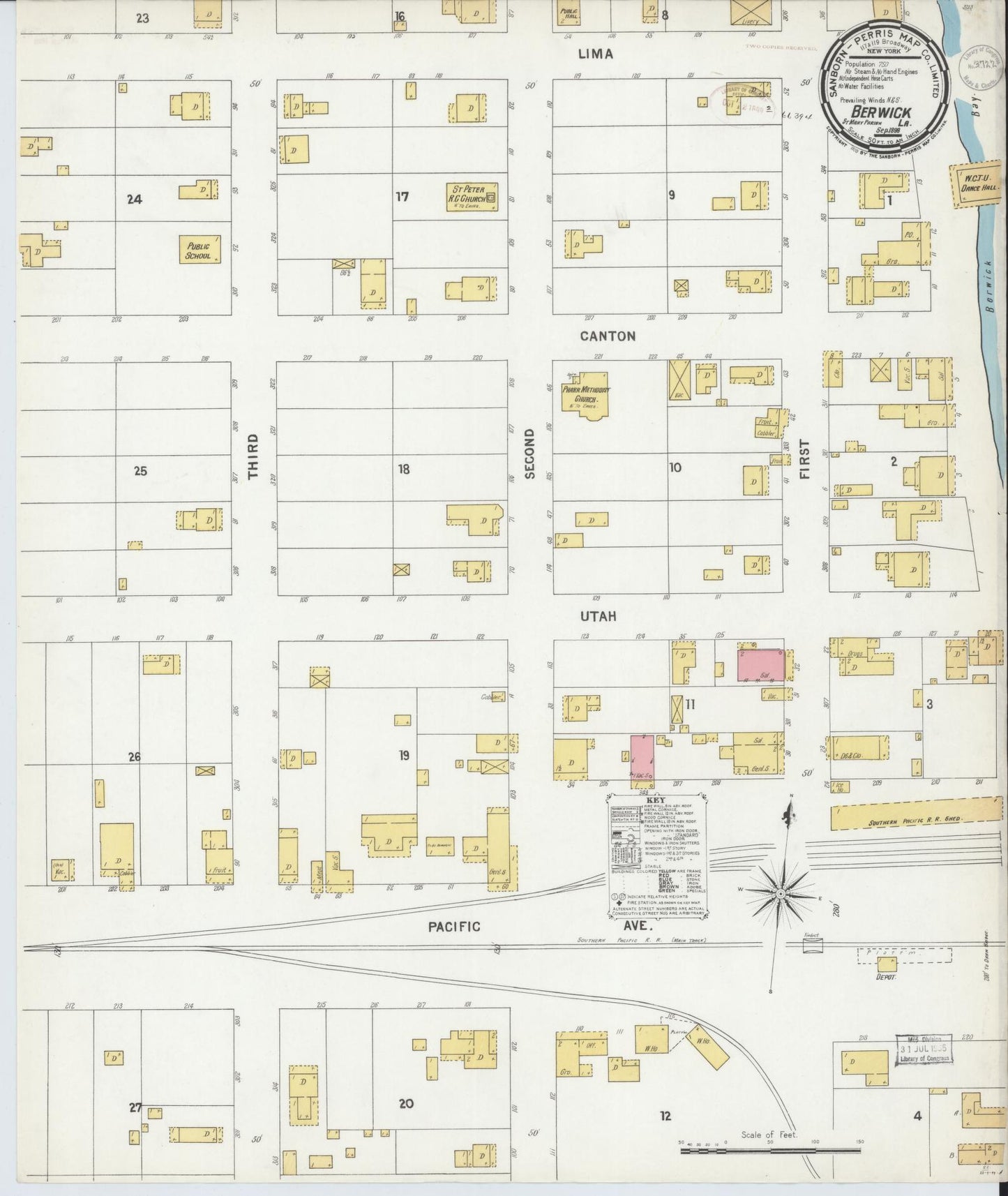 Sanborn Fire Insurance Map from Berwick, Saint Mary Parish, Louisiana (1899), Sheet #0001 - Historic Sanborn Fire Insurance Map Print, vintage old map wall art, antique decor, genealogy gift, Louisiana Louisiana map