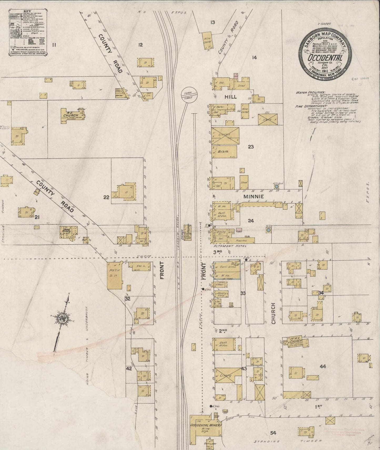Sanborn Fire Insurance Map from Occidental, Sonoma County, California (1911), Sheet #0001 - Historic Sanborn Fire Insurance Map Print, vintage old map wall art, antique decor, genealogy gift, California California map