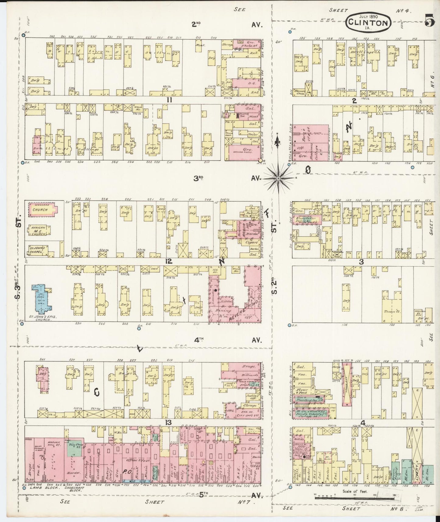 Sanborn Fire Insurance Map from Clinton, Clinton County, Iowa (1890), Sheet #0005 - Historic Sanborn Fire Insurance Map Print, vintage old map wall art