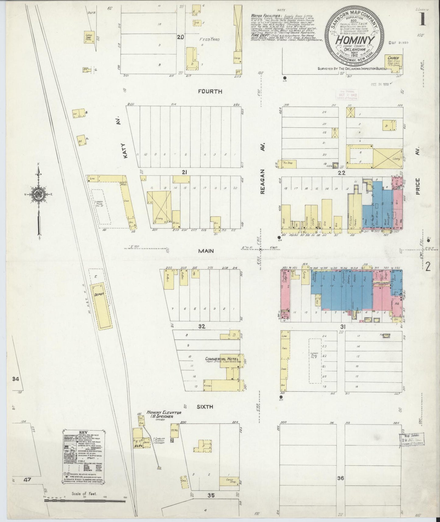 Sanborn Fire Insurance Map from Hominy, Osage County, Oklahoma (1912), Sheet #0001 - Historic Sanborn Fire Insurance Map Print, vintage old map wall art, antique decor, genealogy gift, Oklahoma Oklahoma map