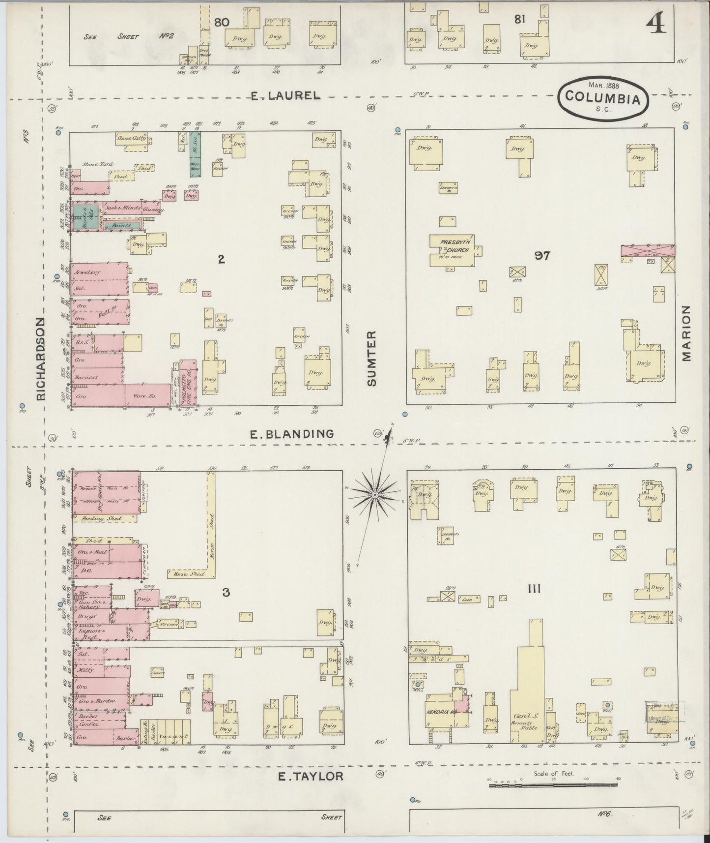 Sanborn Fire Insurance Map from Columbia, Richland County, South Carolina (1888), Sheet #0004 - Historic Sanborn Fire Insurance Map Print, vintage old map wall art, antique decor, genealogy gift, South Carolina South Carolina map