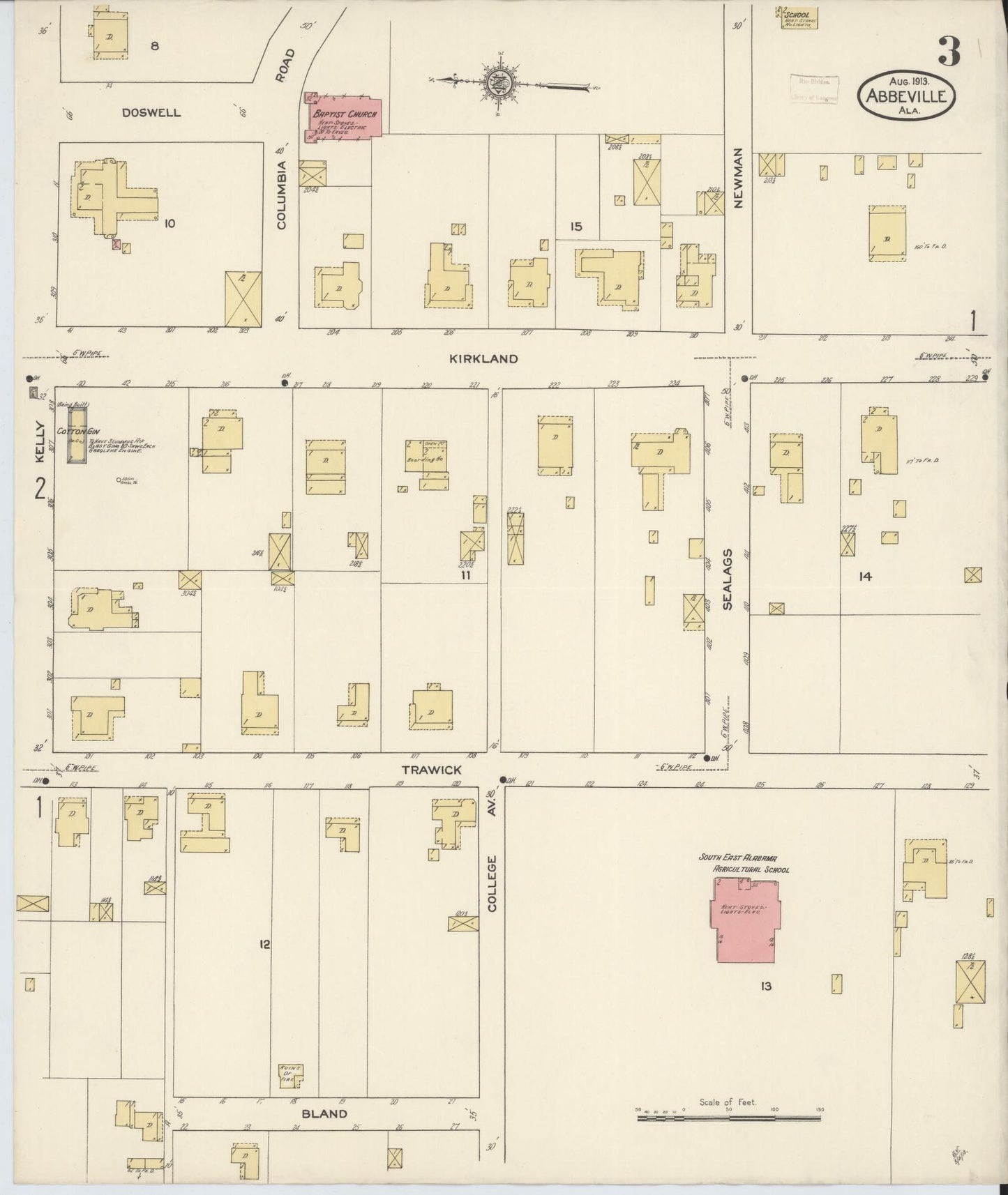 Sanborn Fire Insurance Map from Abbeville, Henry County, Alabama (1913), Sheet #0003 - Historic Sanborn Fire Insurance Map Print, vintage old map wall art, antique decor, genealogy gift, Alabama Alabama map