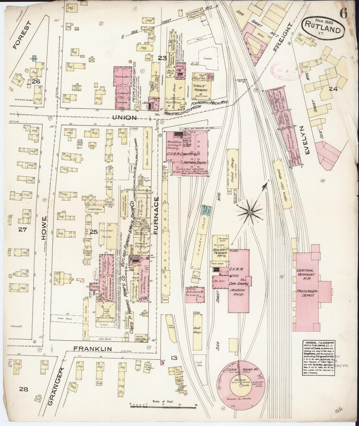Sanborn Fire Insurance Map from Rutland, Rutland County, Vermont (1885), Sheet #0006 - Historic Sanborn Fire Insurance Map Print, vintage old map wall art, antique decor, genealogy gift, Vermont Vermont map