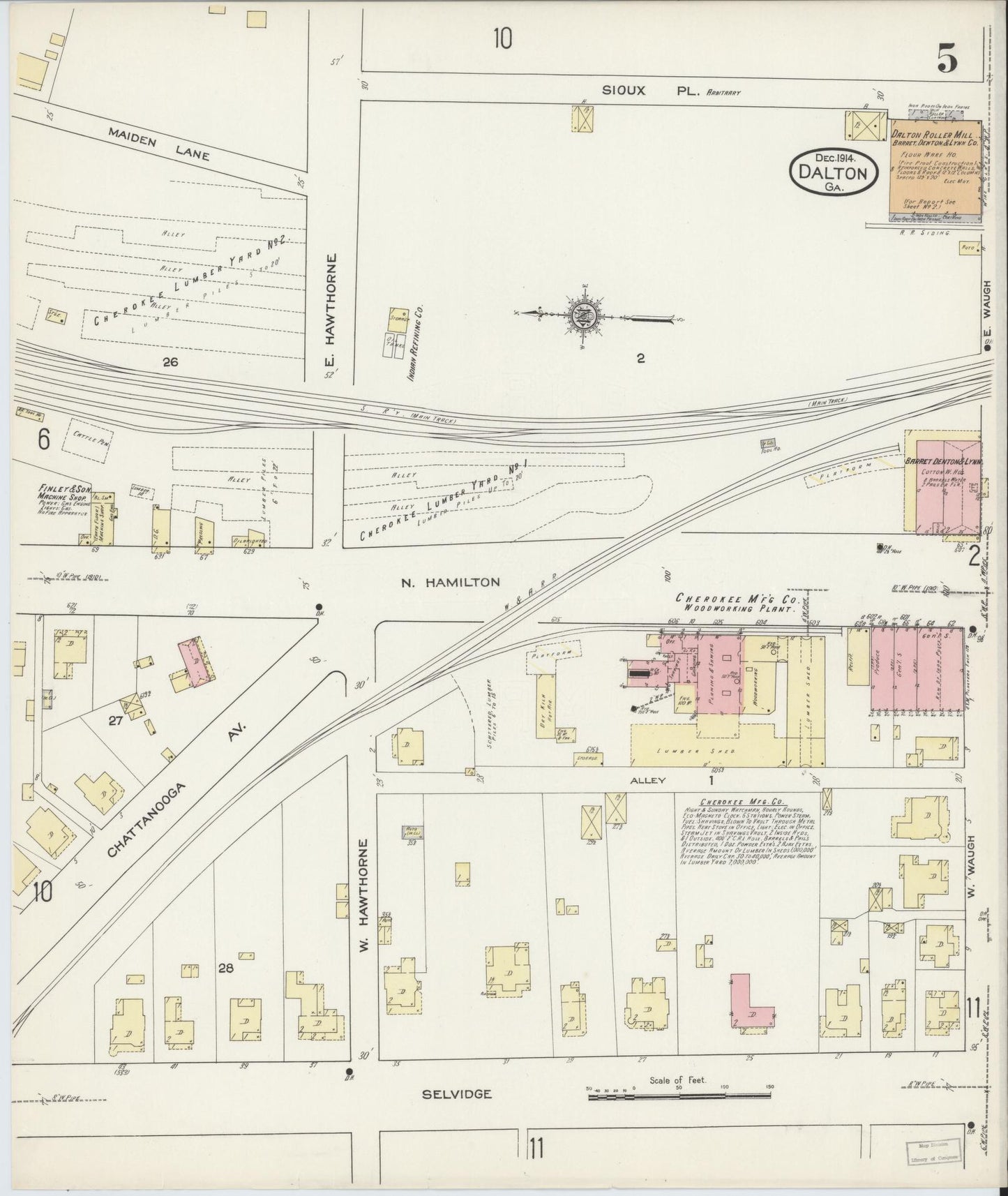 Sanborn Fire Insurance Map from Dalton, Whitfield County, Georgia (1914), Sheet #0005 - Historic Sanborn Fire Insurance Map Print, vintage old map wall art, antique decor, genealogy gift, Georgia Georgia map