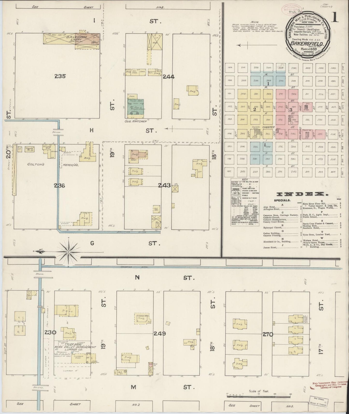 Sanborn Fire Insurance Map from Bakersfield, Kern County, California (1889), Sheet #0001 - Historic Sanborn Fire Insurance Map Print, vintage old map wall art, antique decor, genealogy gift, California California map