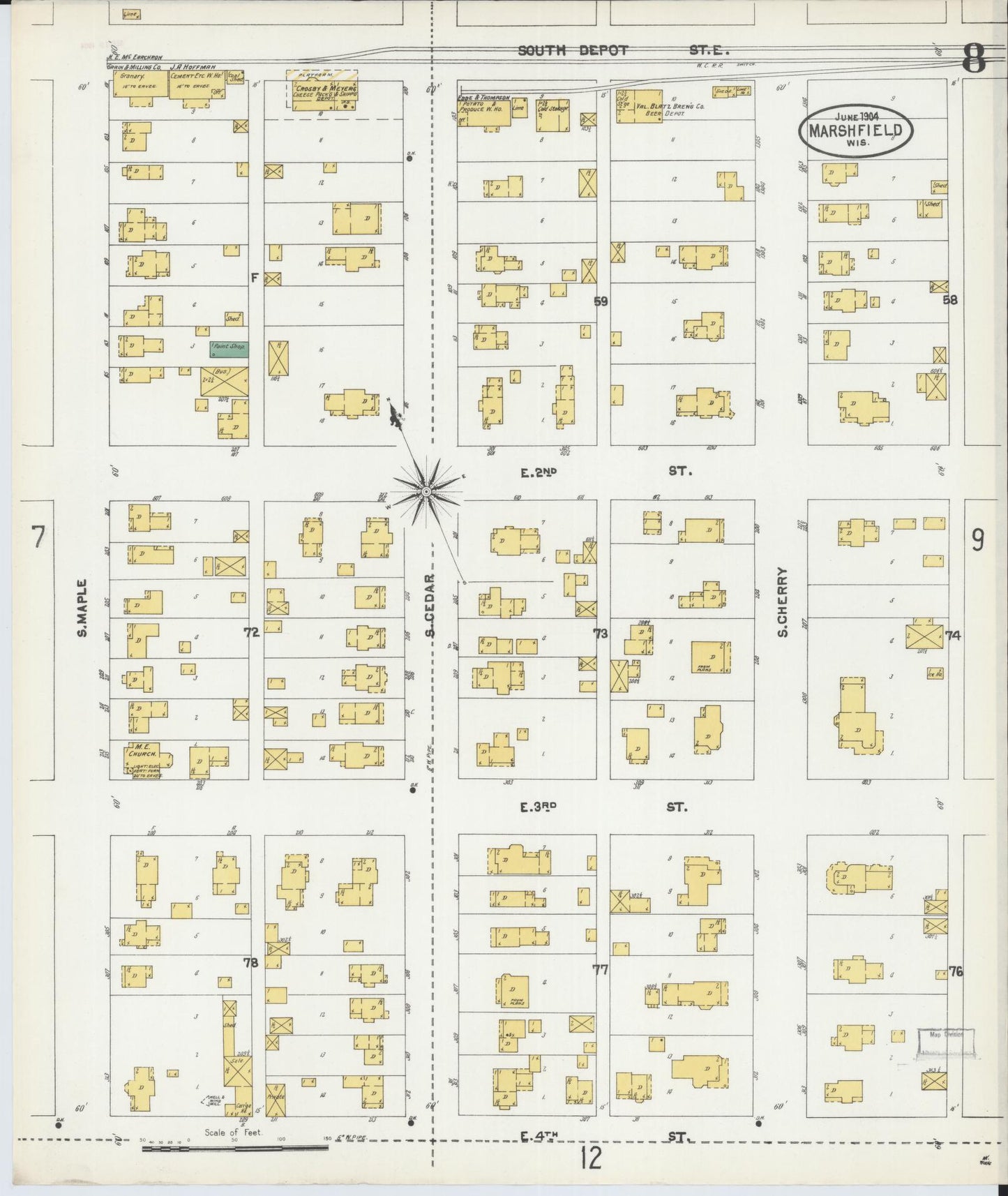 Sanborn Fire Insurance Map from Marshfield, Wood County, Wisconsin (1904), Sheet #0008 - Historic Sanborn Fire Insurance Map Print, vintage old map wall art, antique decor, genealogy gift, Wisconsin Wisconsin map