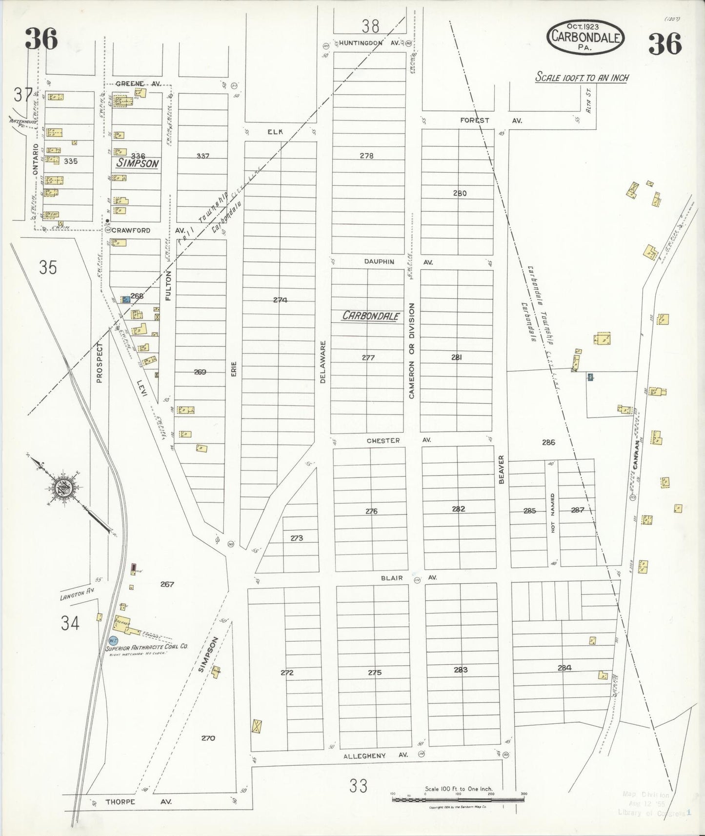 Sanborn Fire Insurance Map from Carbondale, Lackawanna County, Pennsylvania (1923), Sheet #0036 - Historic Sanborn Fire Insurance Map Print, vintage old map wall art, antique decor, genealogy gift, Pennsylvania Pennsylvania map