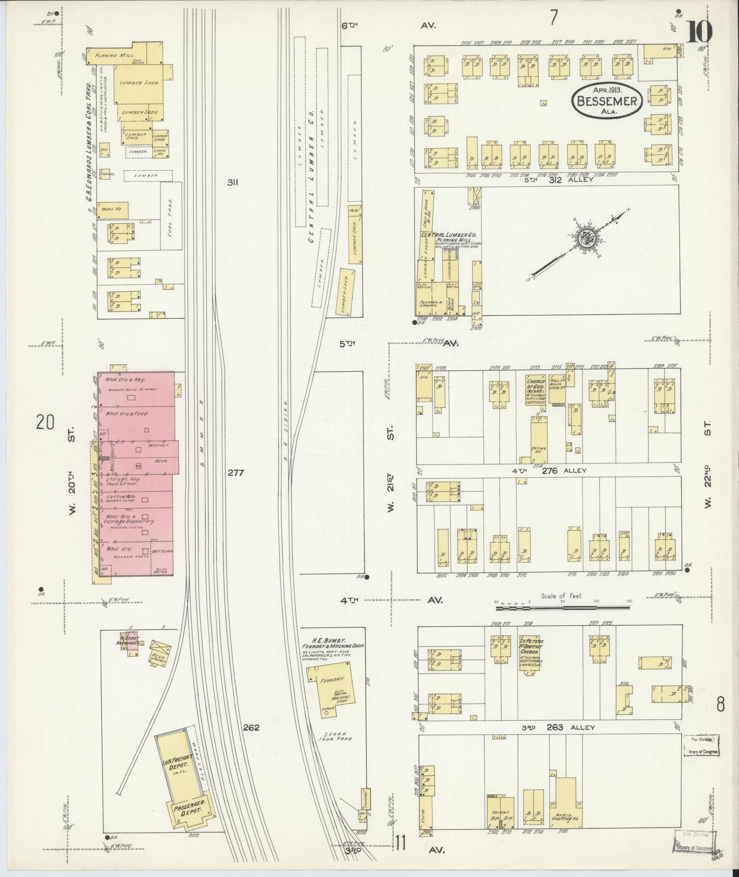 Sanborn Fire Insurance Map from Bessemer, Jefferson County, Alabama (1913), Sheet #0010 - Historic Sanborn Fire Insurance Map Print, vintage old map wall art, antique decor, genealogy gift, Alabama Alabama map
