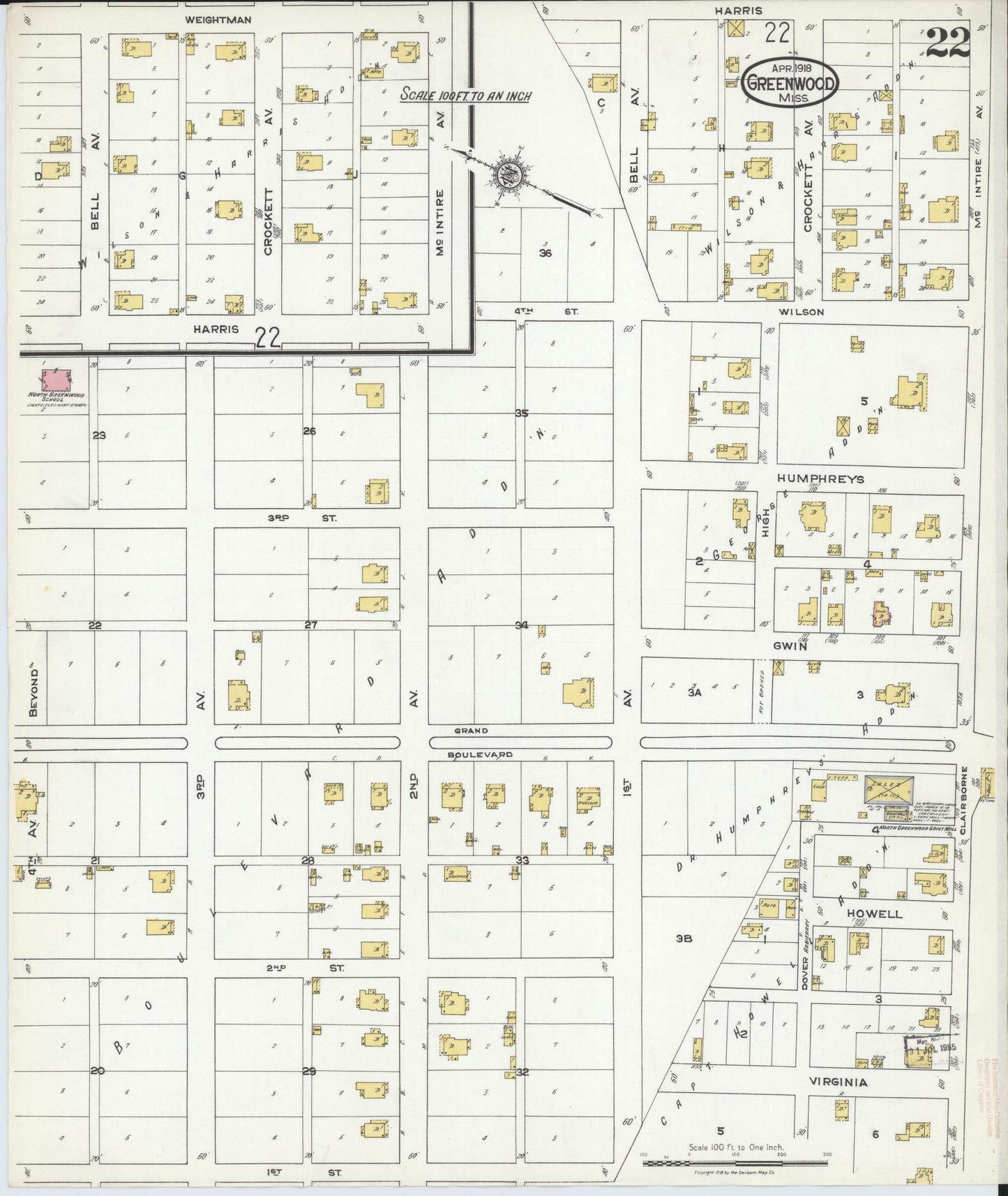 Sanborn Fire Insurance Map from Greenwood, Leflore County, Mississippi (1918), Sheet #0022 - Historic Sanborn Fire Insurance Map Print, vintage old map wall art, antique decor, genealogy gift, Mississippi Mississippi map