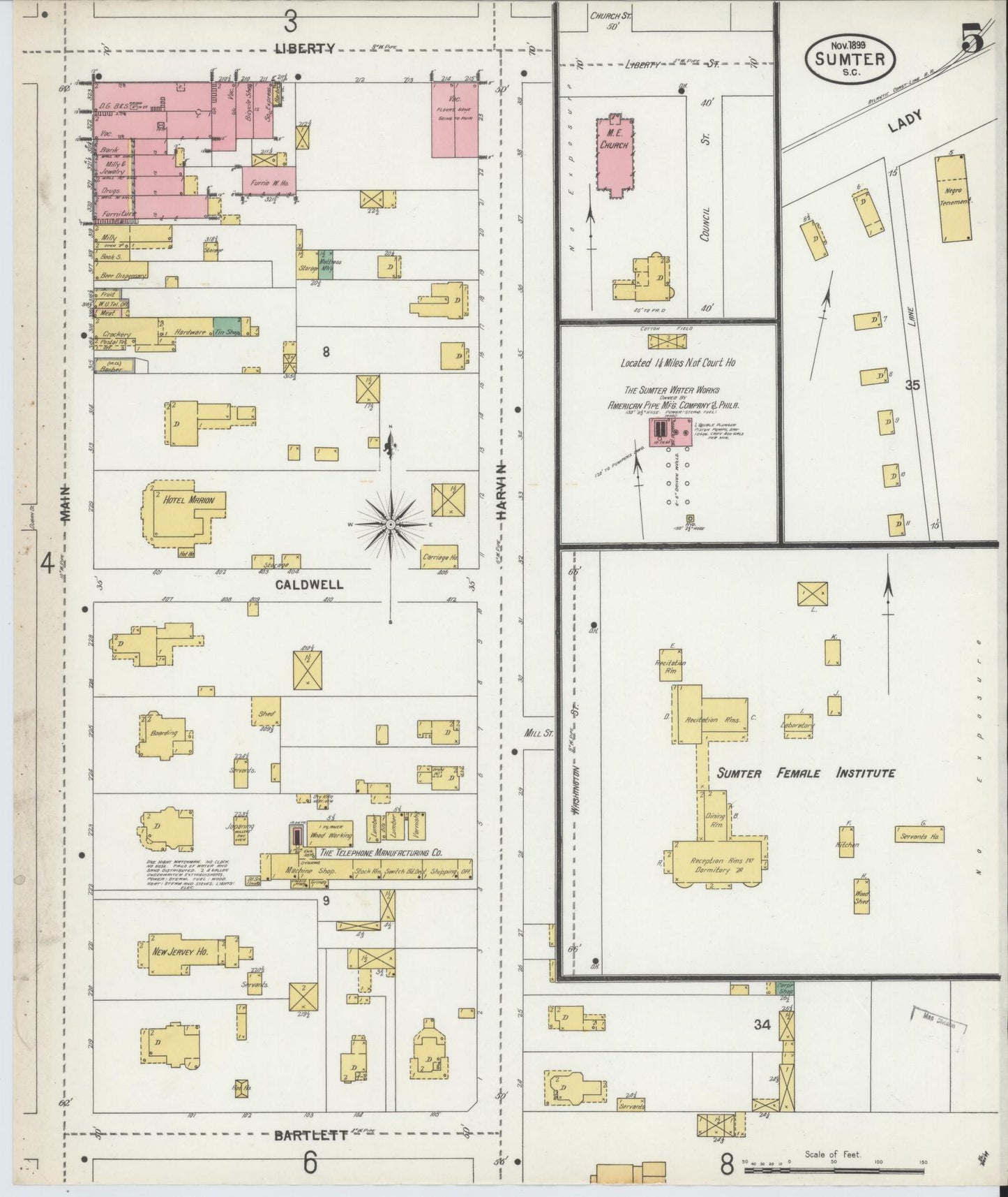 Sanborn Fire Insurance Map from Sumter, Sumter County, South Carolina (1899), Sheet #0005 - Historic Sanborn Fire Insurance Map Print, vintage old map wall art, antique decor, genealogy gift, South Carolina South Carolina map