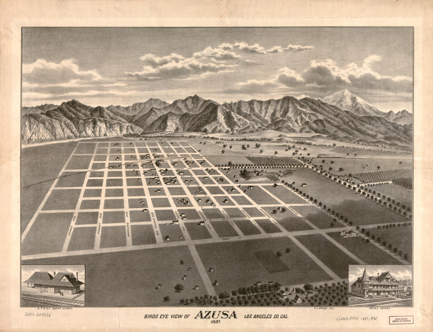 Bird's eye view of Azusa, Los Angeles Co. Cal., 1887 (1887) – Historic Bird’s-Eye View Panorama Print