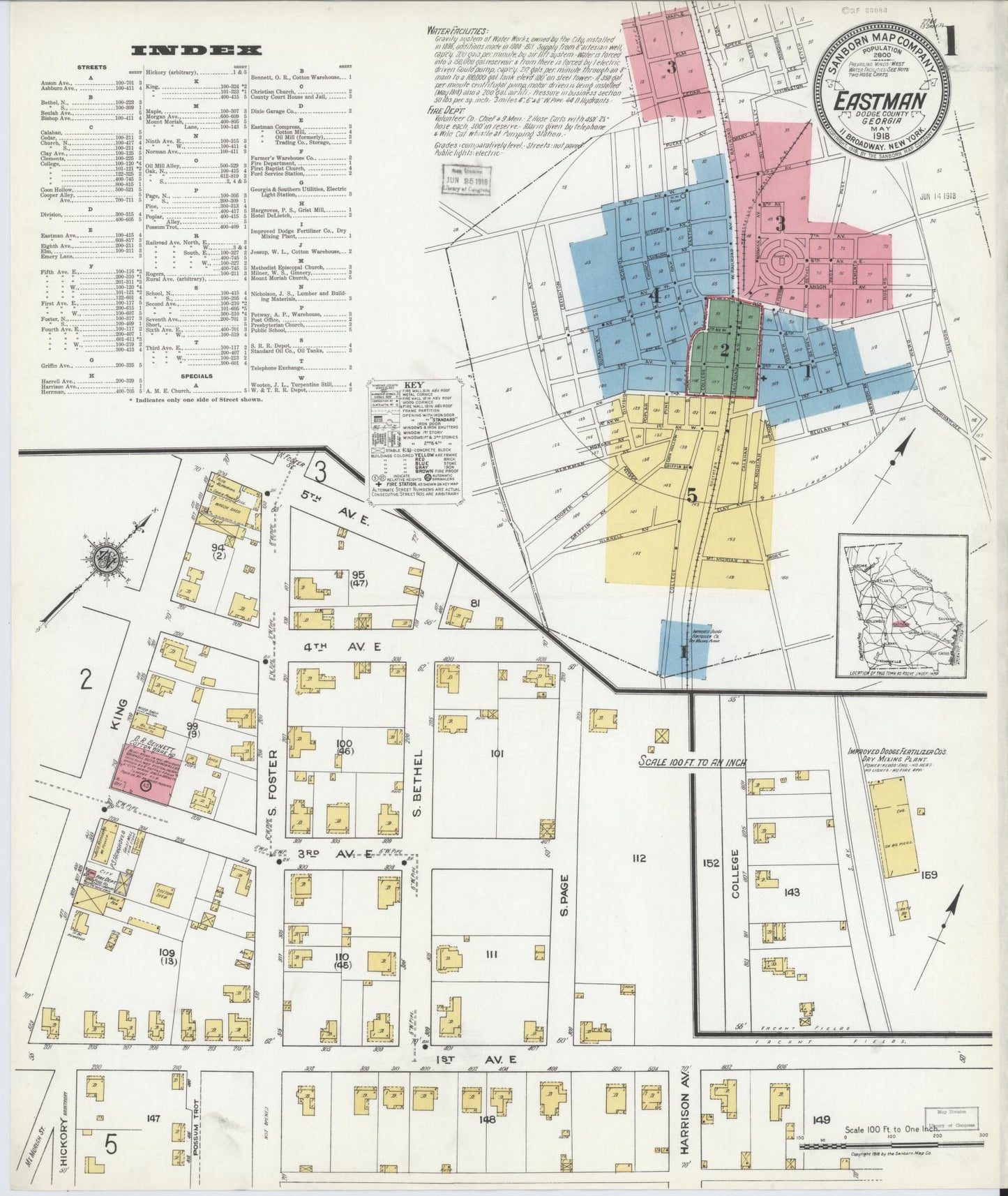 Sanborn Fire Insurance Map from Eastman, Dodge County, Georgia (1918), Sheet #0001 - Historic Sanborn Fire Insurance Map Print, vintage old map wall art, antique decor, genealogy gift, Georgia Georgia map