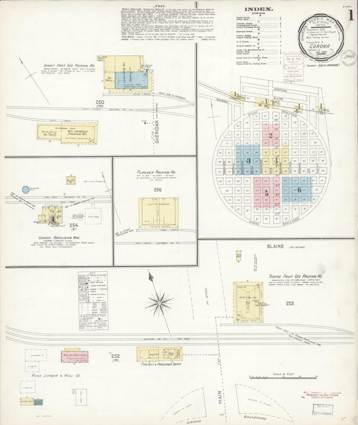 Sanborn Fire Insurance Map from Corona, Riverside County, California (1900), Sheet #0001 - Historic Sanborn Fire Insurance Map Print, vintage old map wall art, antique decor, genealogy gift, California California map
