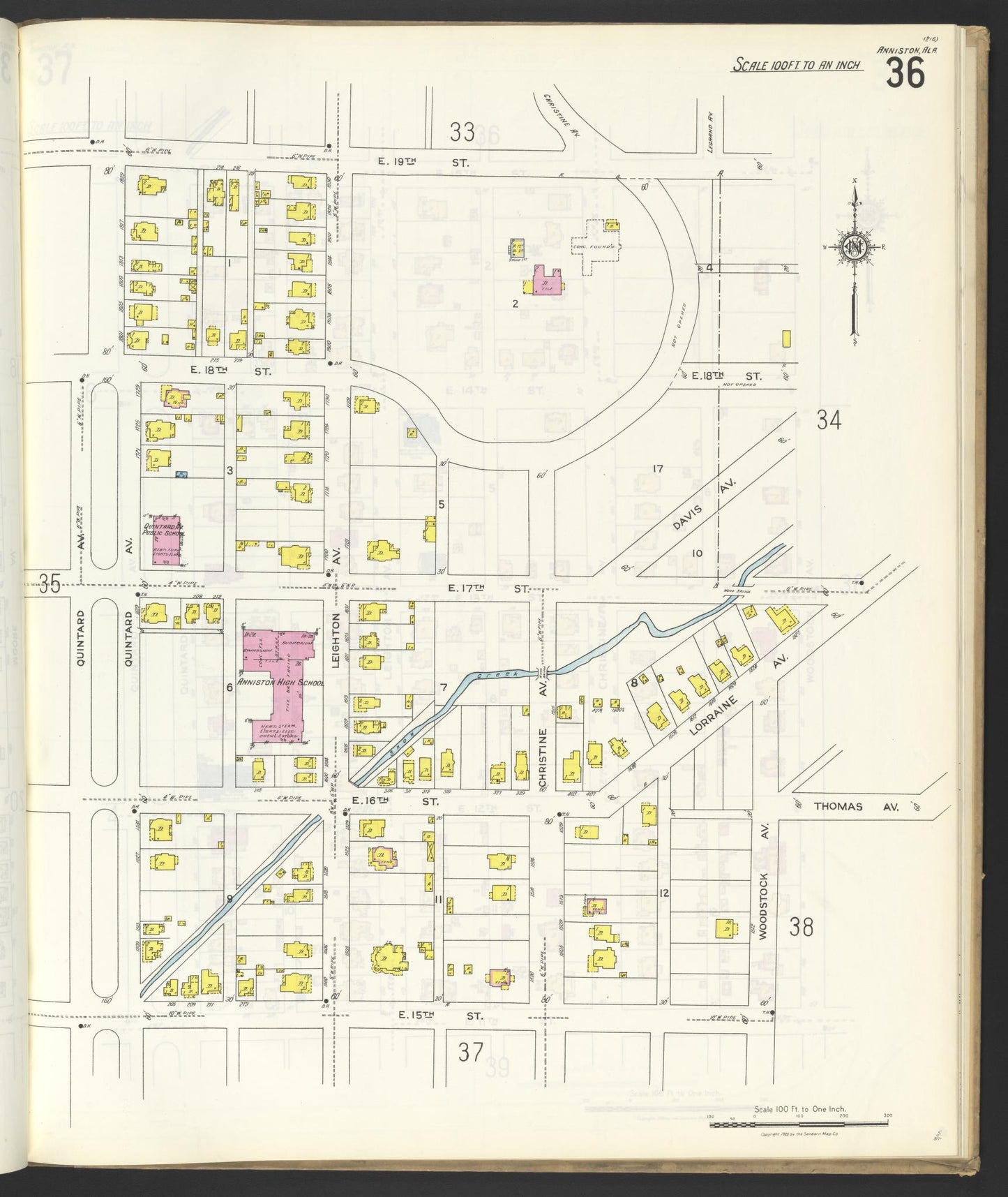 Sanborn Fire Insurance Map from Anniston, Calhoun County, Alabama (1925), Sheet #0036 - Historic Sanborn Fire Insurance Map Print, vintage old map wall art, antique decor, genealogy gift, Alabama Alabama map
