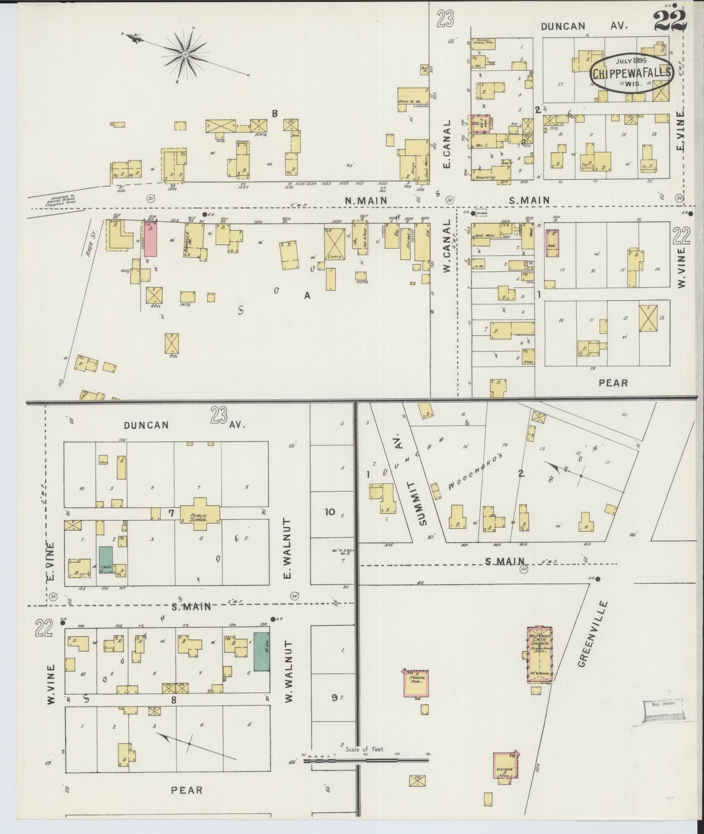 Sanborn Fire Insurance Map from Chippewa Falls, Chippewa County, Wisconsin (1895), Sheet #0022 - Historic Sanborn Fire Insurance Map Print, vintage old map wall art, antique decor, genealogy gift, Wisconsin Wisconsin map