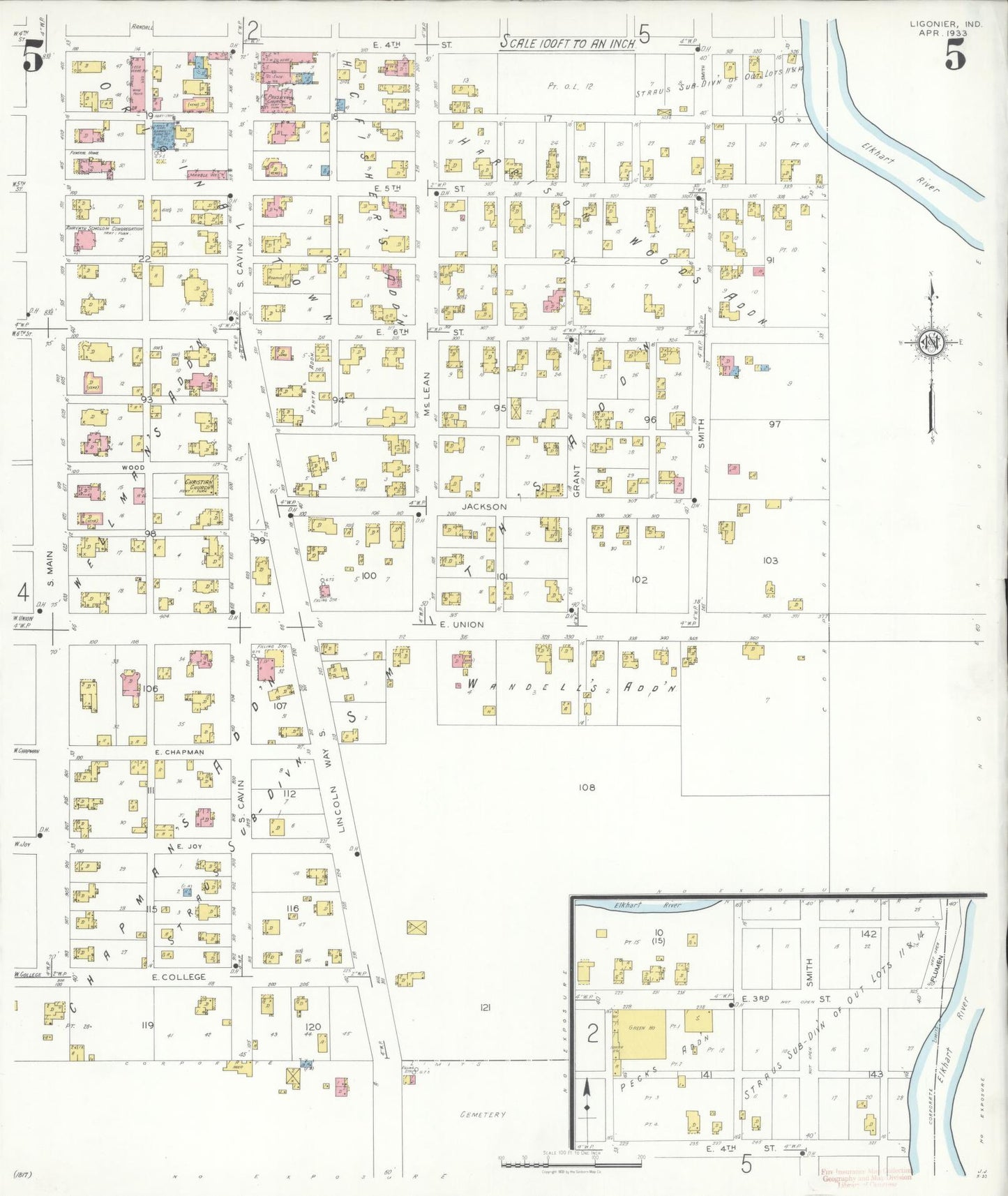 Sanborn Fire Insurance Map from Ligonier, Noble County, Indiana (1933), Sheet #0005 - Complete Map Set gallery image, historic Sanborn map, vintage wall art, Indiana Indiana