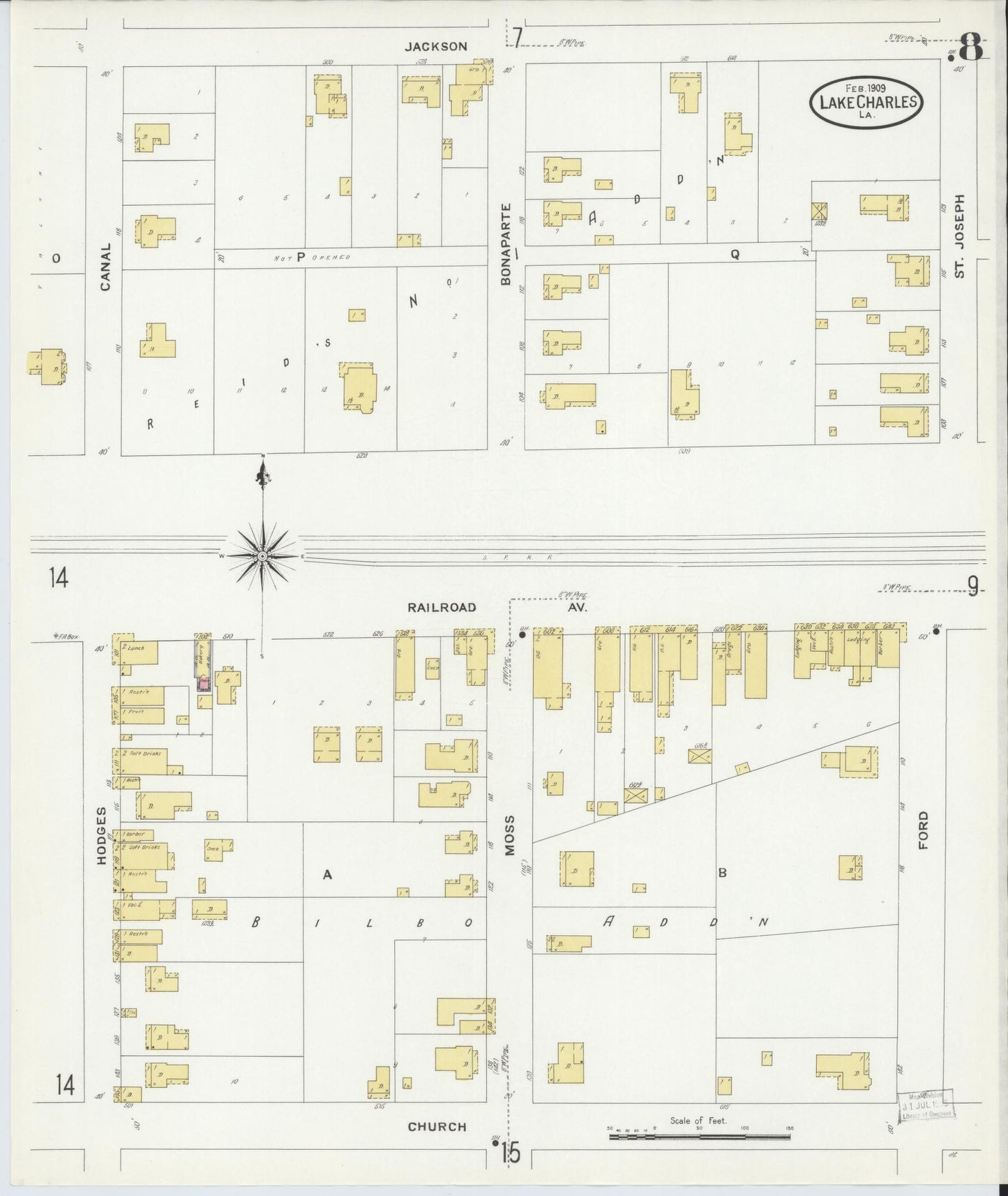 Sanborn Fire Insurance Map from Lake Charles, Calcasieu Parish, Louisiana (1909), Sheet #0008 - Historic Sanborn Fire Insurance Map Print, vintage old map wall art, antique decor, genealogy gift, Louisiana Louisiana map